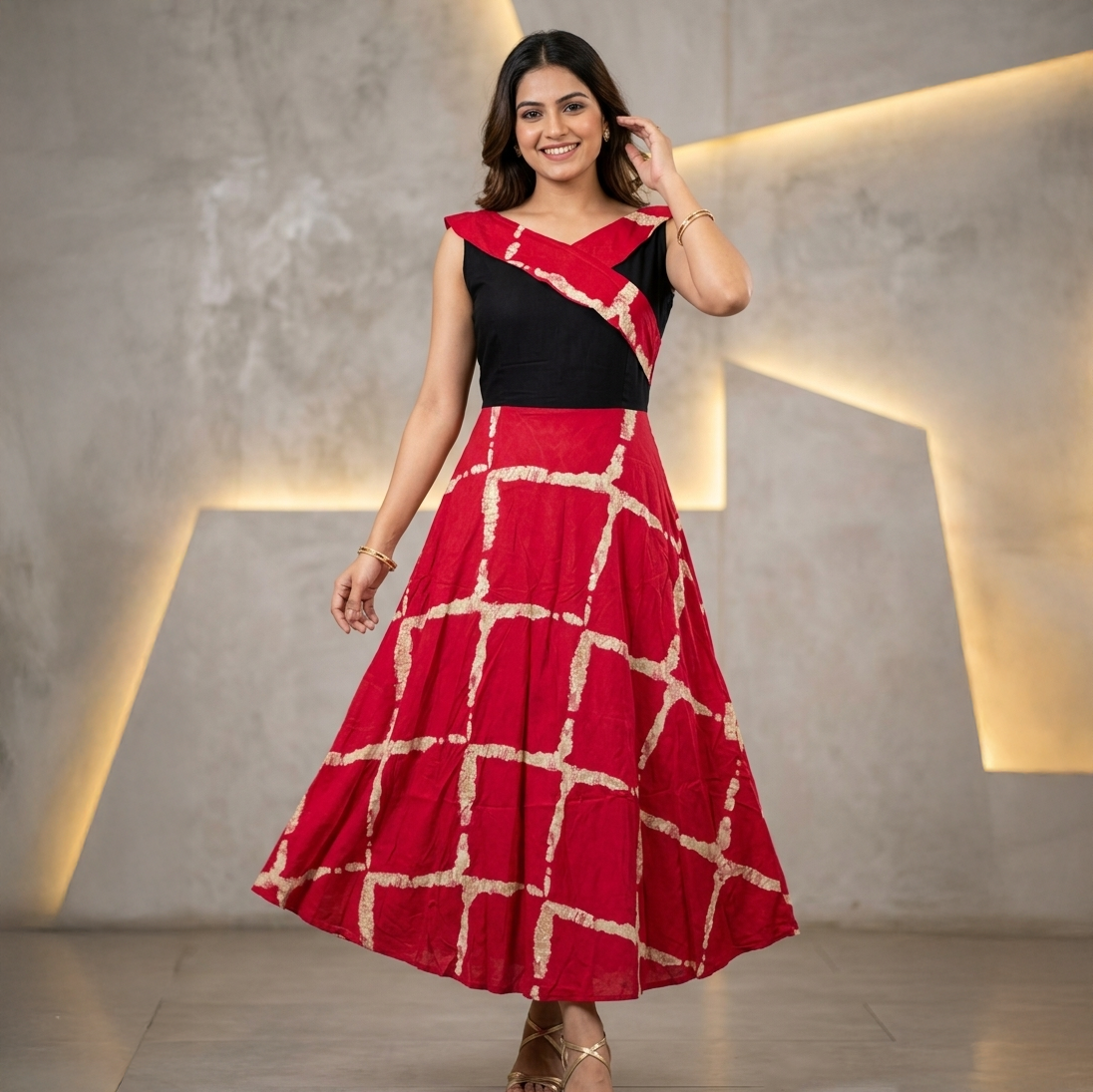 Crimson Trellis Ruffle Neck Fit & Flare Maxi Dress