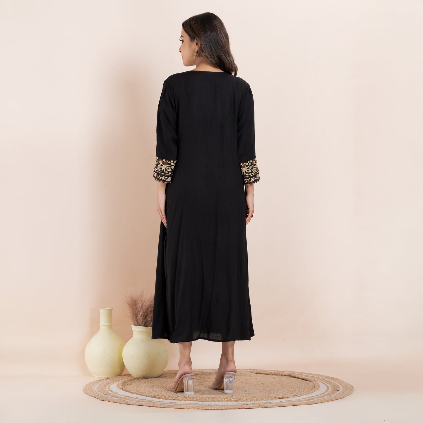 Black Rayon Dress With Embroidery