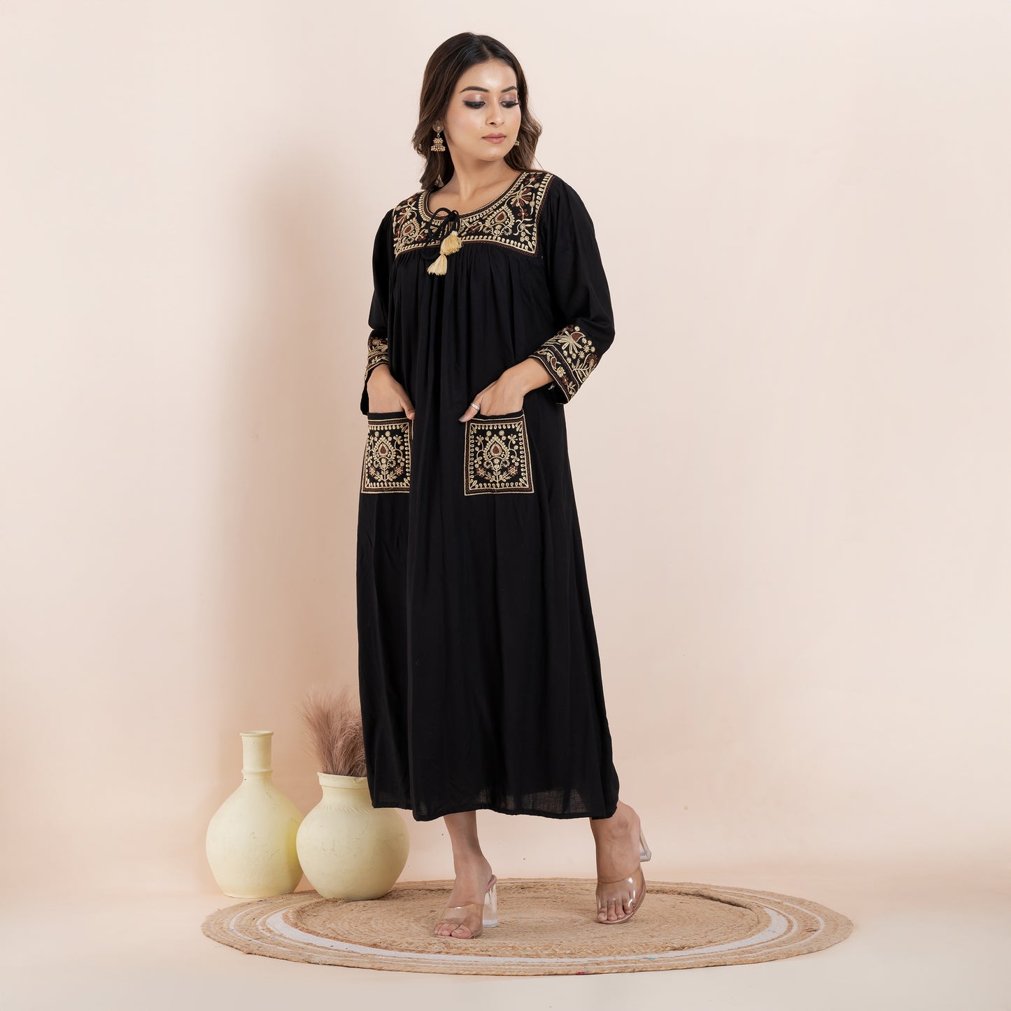 Black Rayon Dress With Embroidery