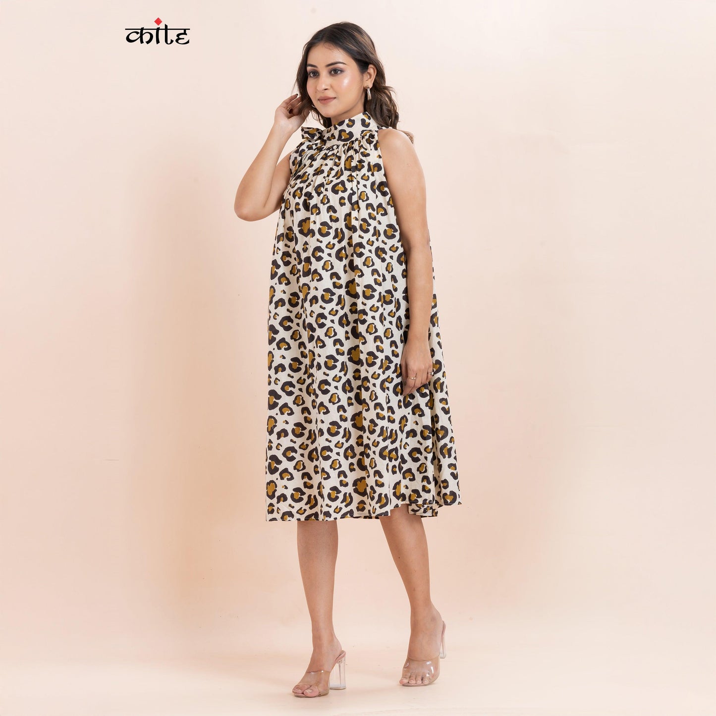 Leopard Print Cotton High Neck Dress