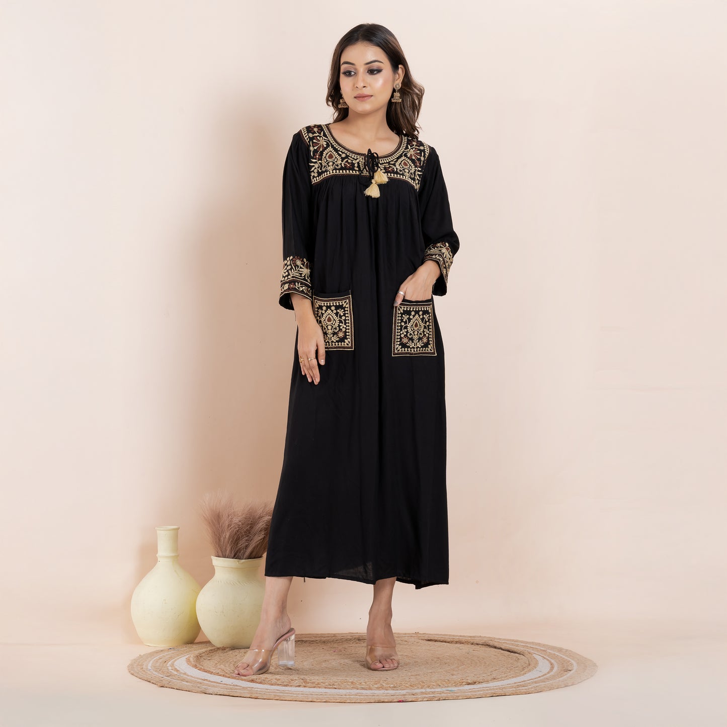 Black Rayon Dress With Embroidery
