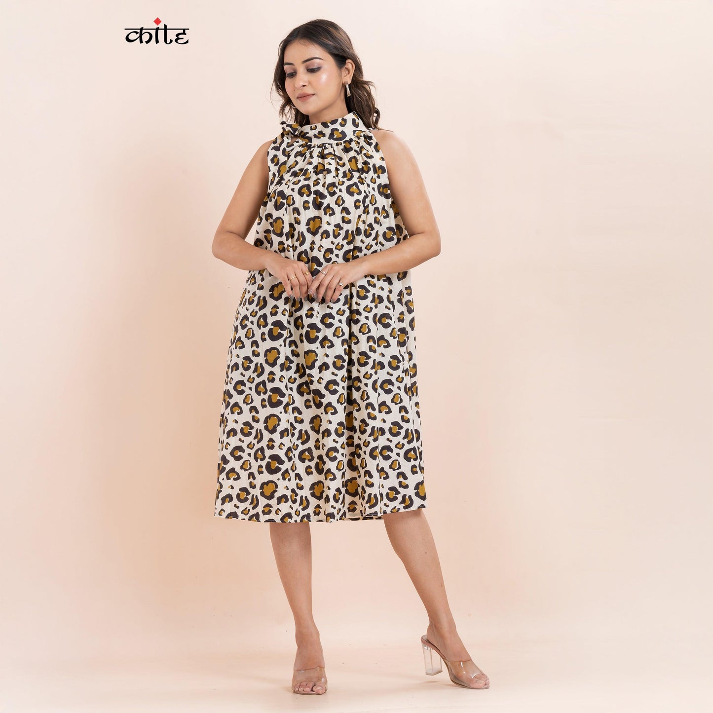 Leopard Print Cotton High Neck Dress