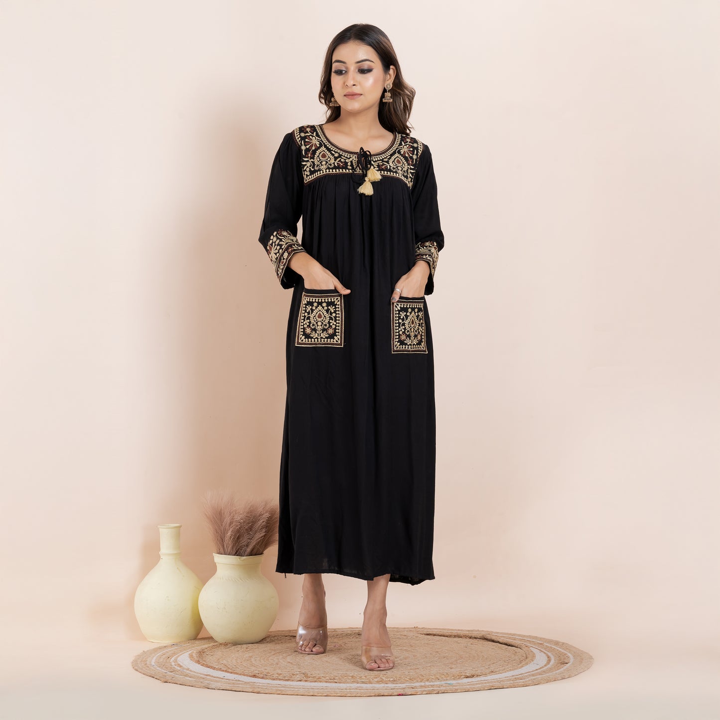 Black Rayon Dress With Embroidery