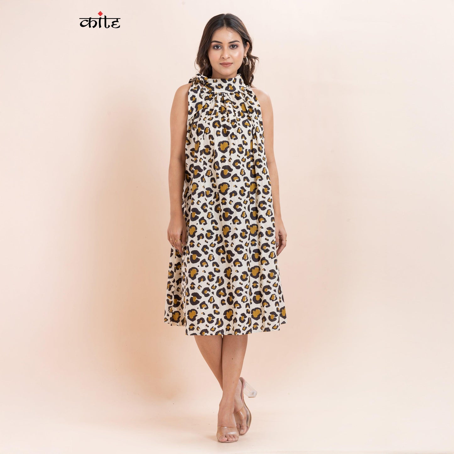 Leopard Print Cotton High Neck Dress