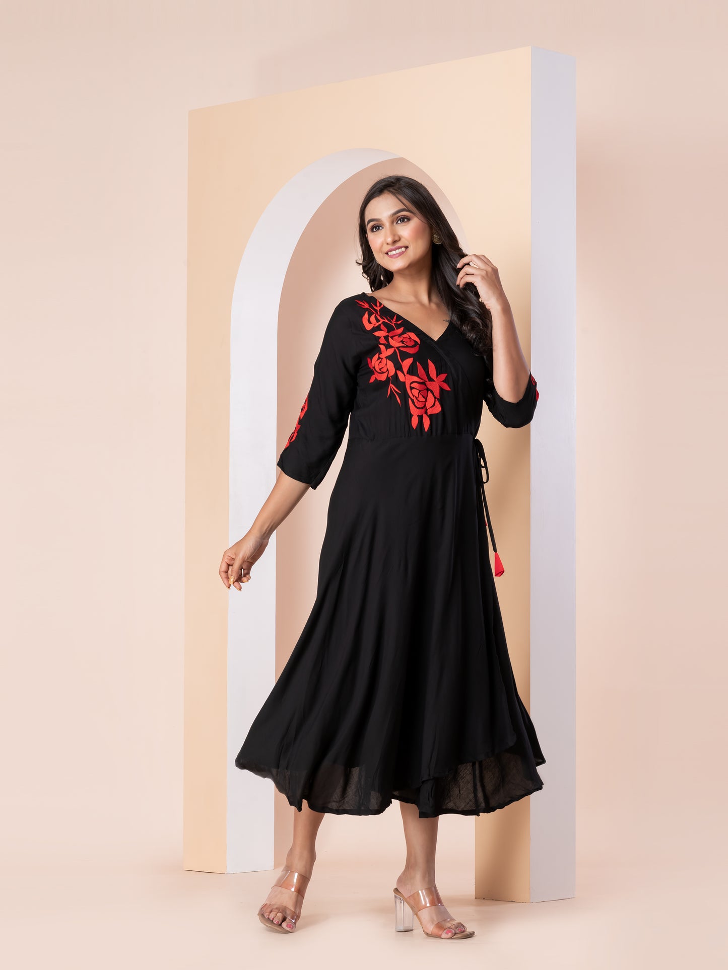 Kite Styles Wrap-Style Dress with Red Embroidery