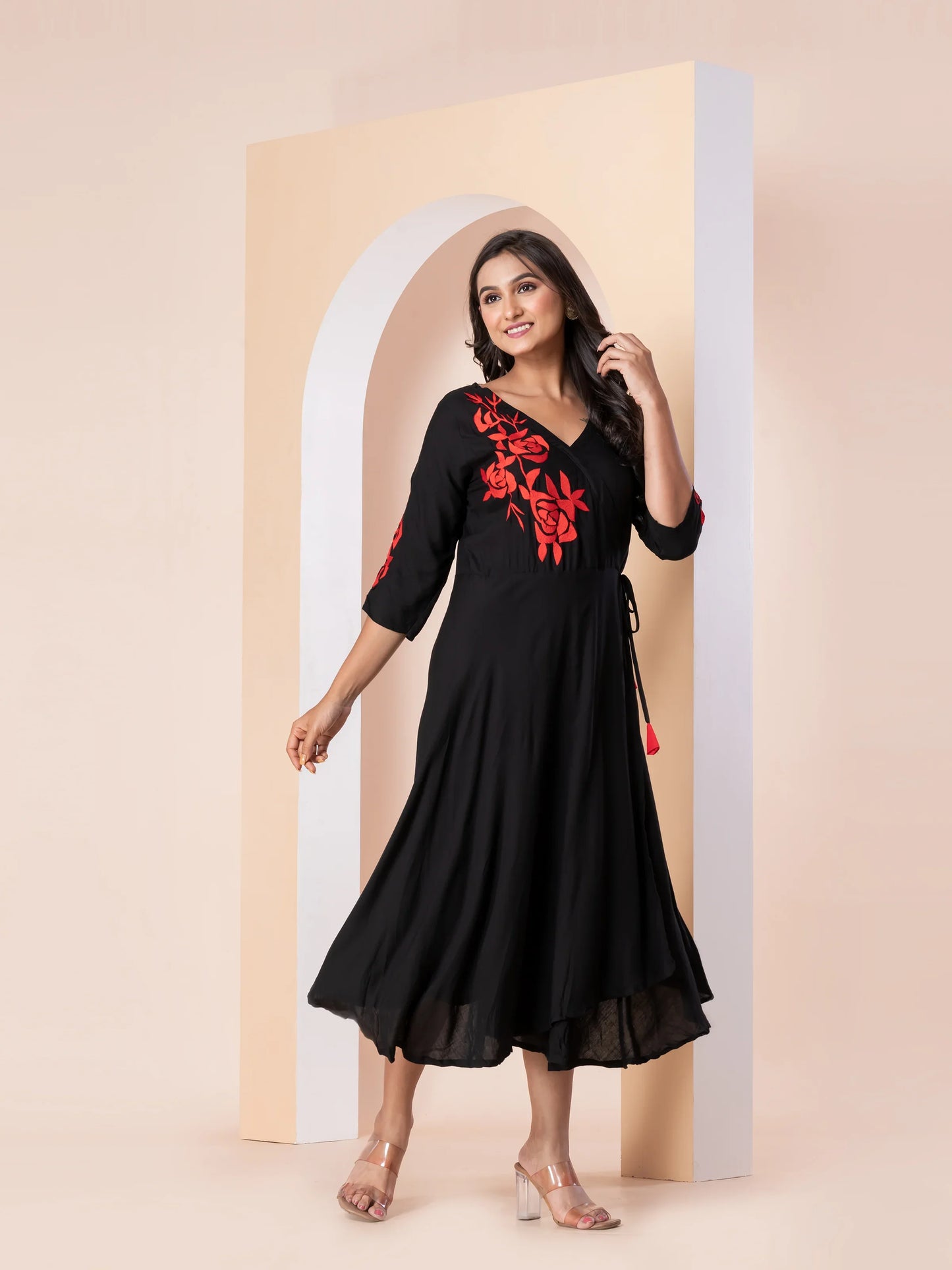Kite Styles Wrap-Style Dress with Red Embroidery