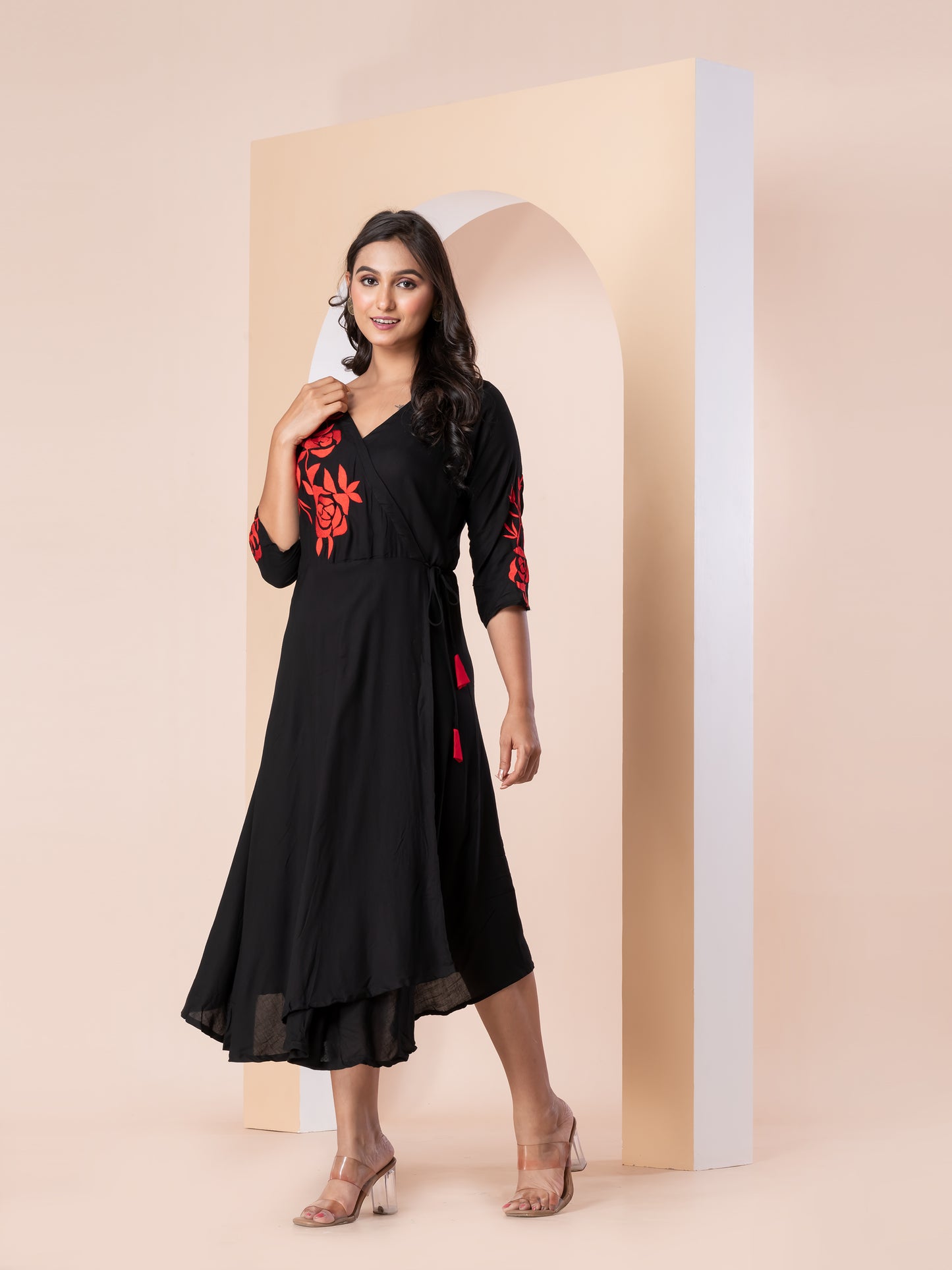 Kite Styles Wrap-Style Dress with Red Embroidery