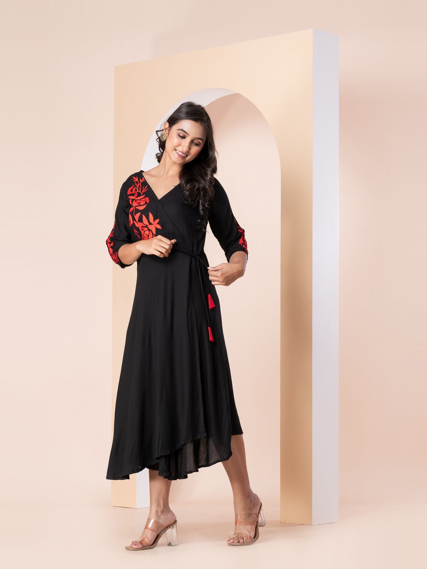 Kite Styles Wrap-Style Dress with Red Embroidery