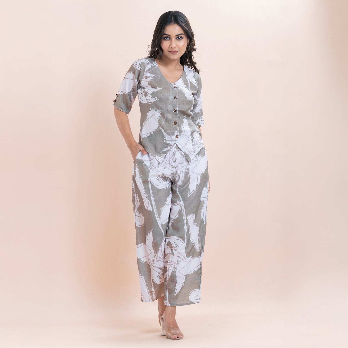 Grey Leaf Print Linen Co-ord Set for Women