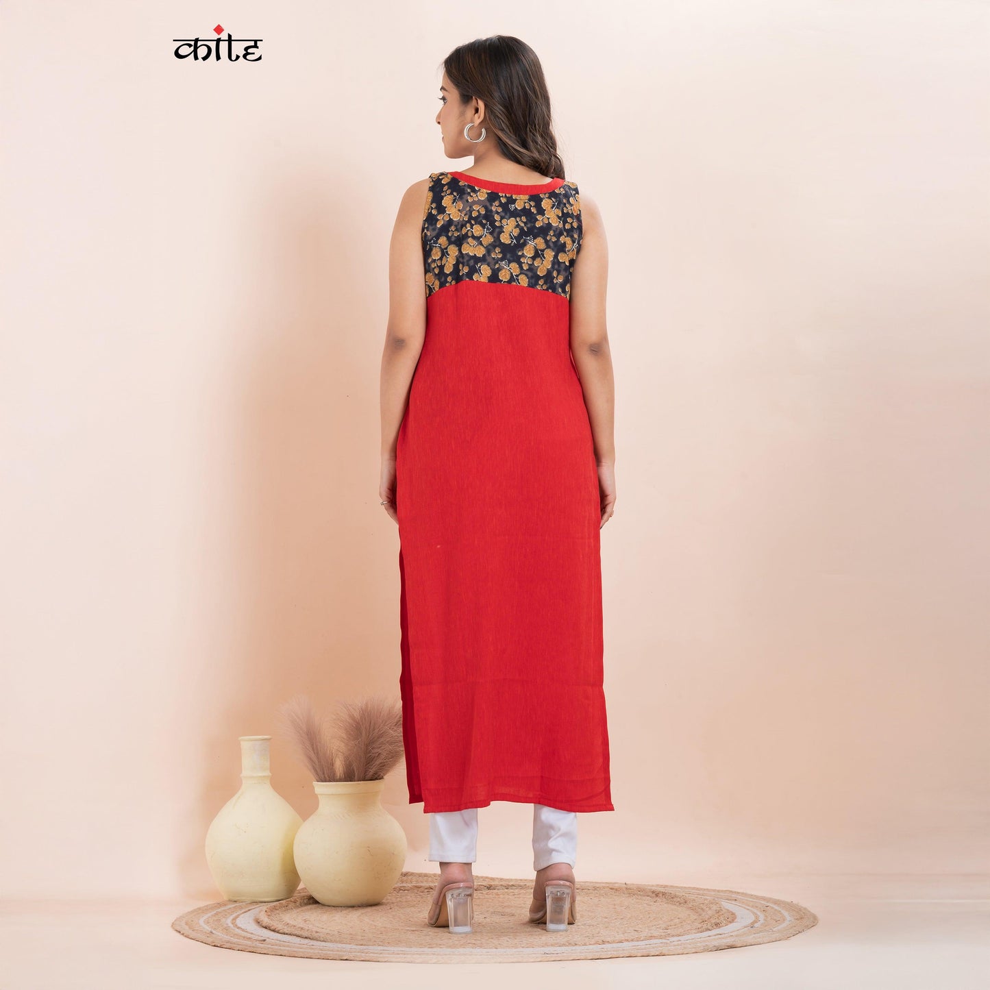 Red Rib Rayon Designer Kurti