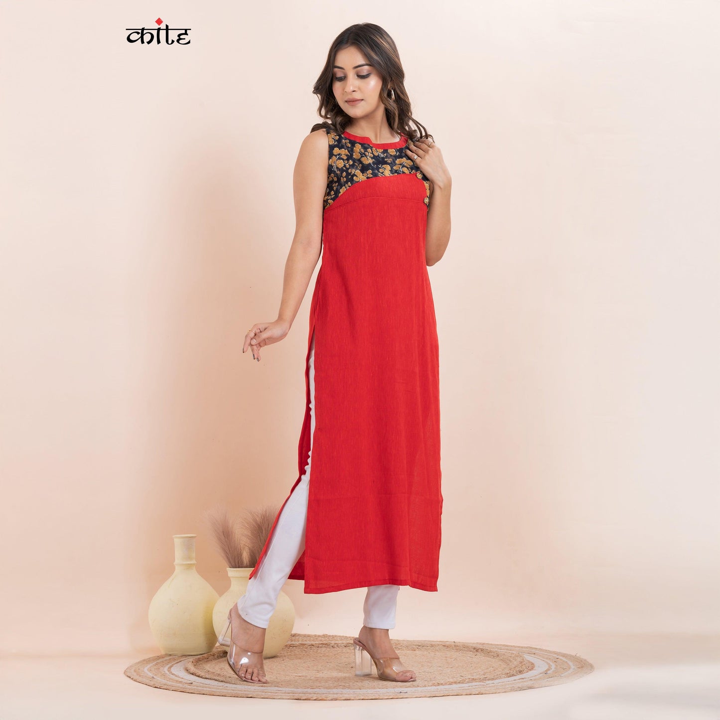 Red Rib Rayon Designer Kurti