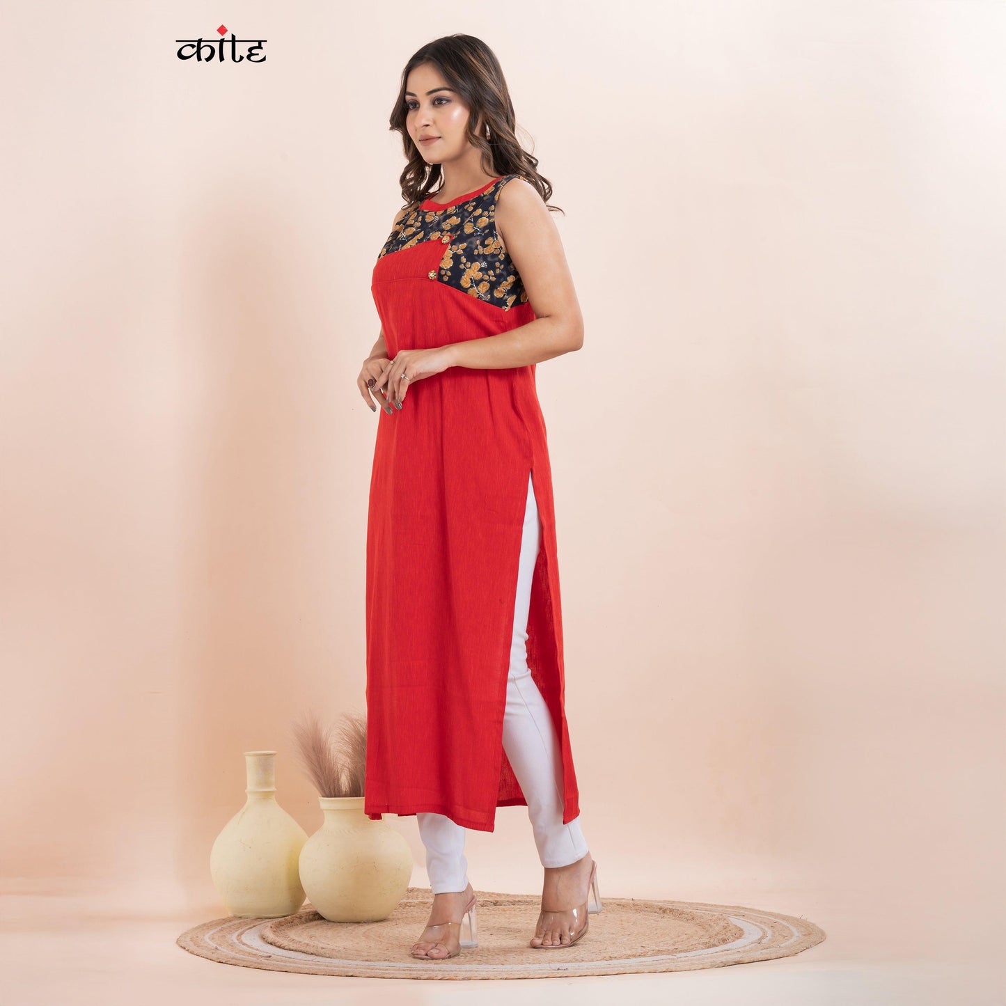 Red Rib Rayon Designer Kurti