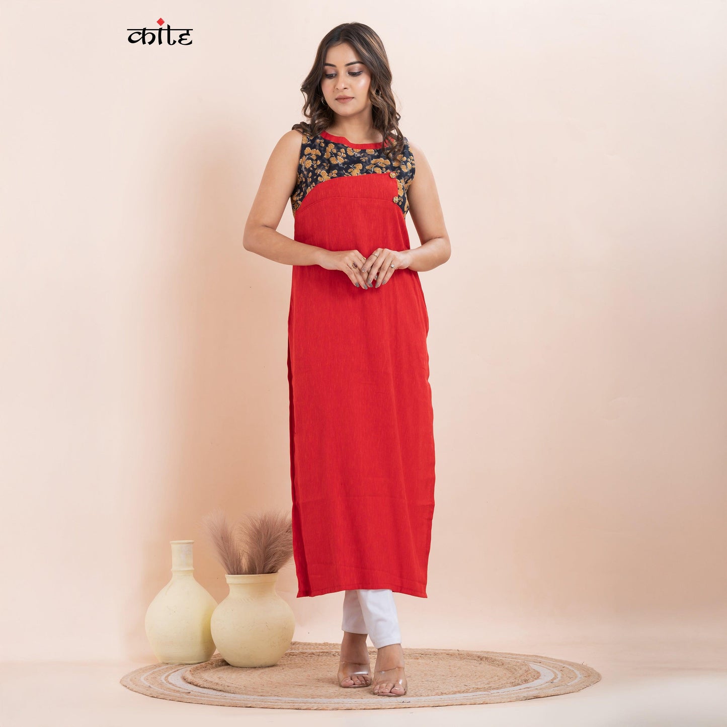 Red Rib Rayon Designer Kurti