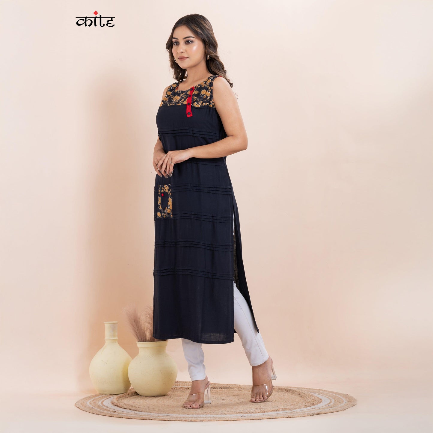 Rayon navy blue Pleats Kurti