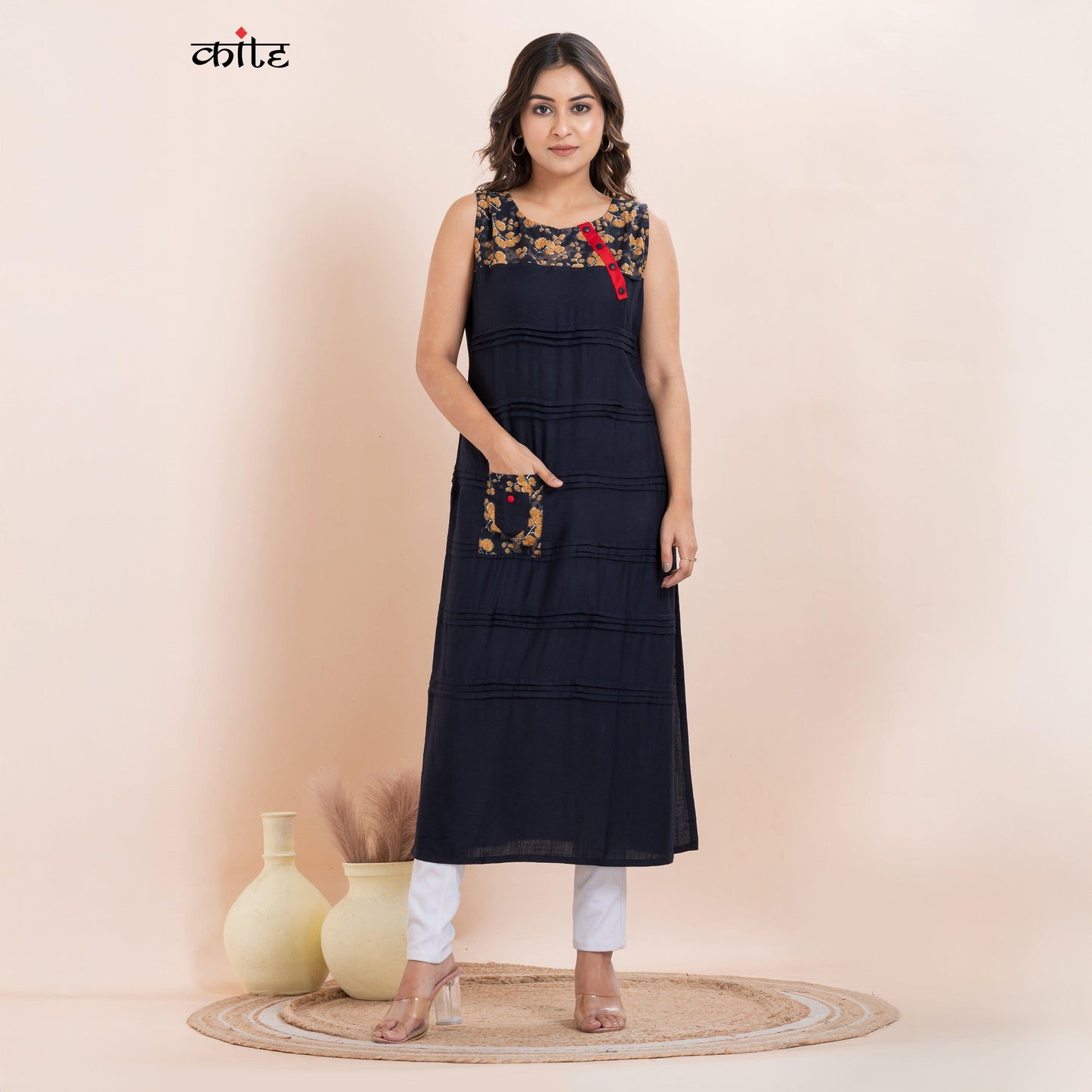 Rayon navy blue Pleats Kurti