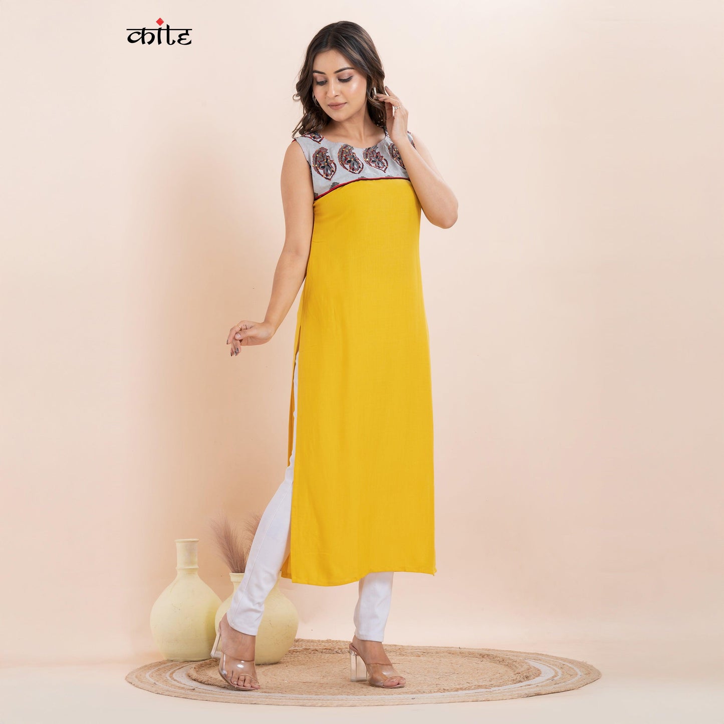 Yellow and Grey Cotton Sleeveless Kurti