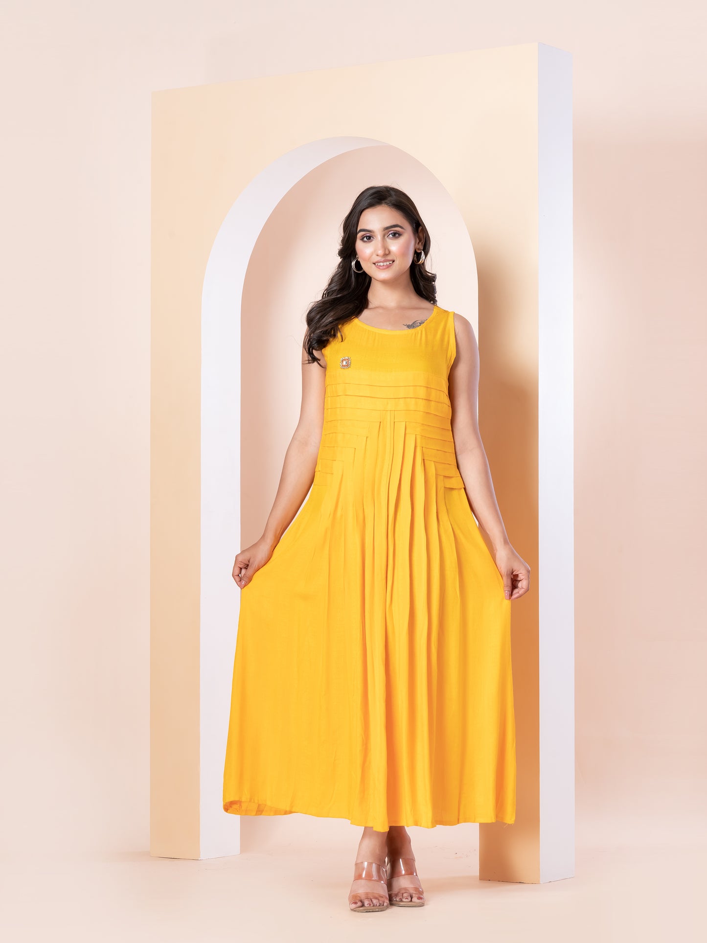 Kite Styles Sleeveless Flared Kurti Dress with Brooch