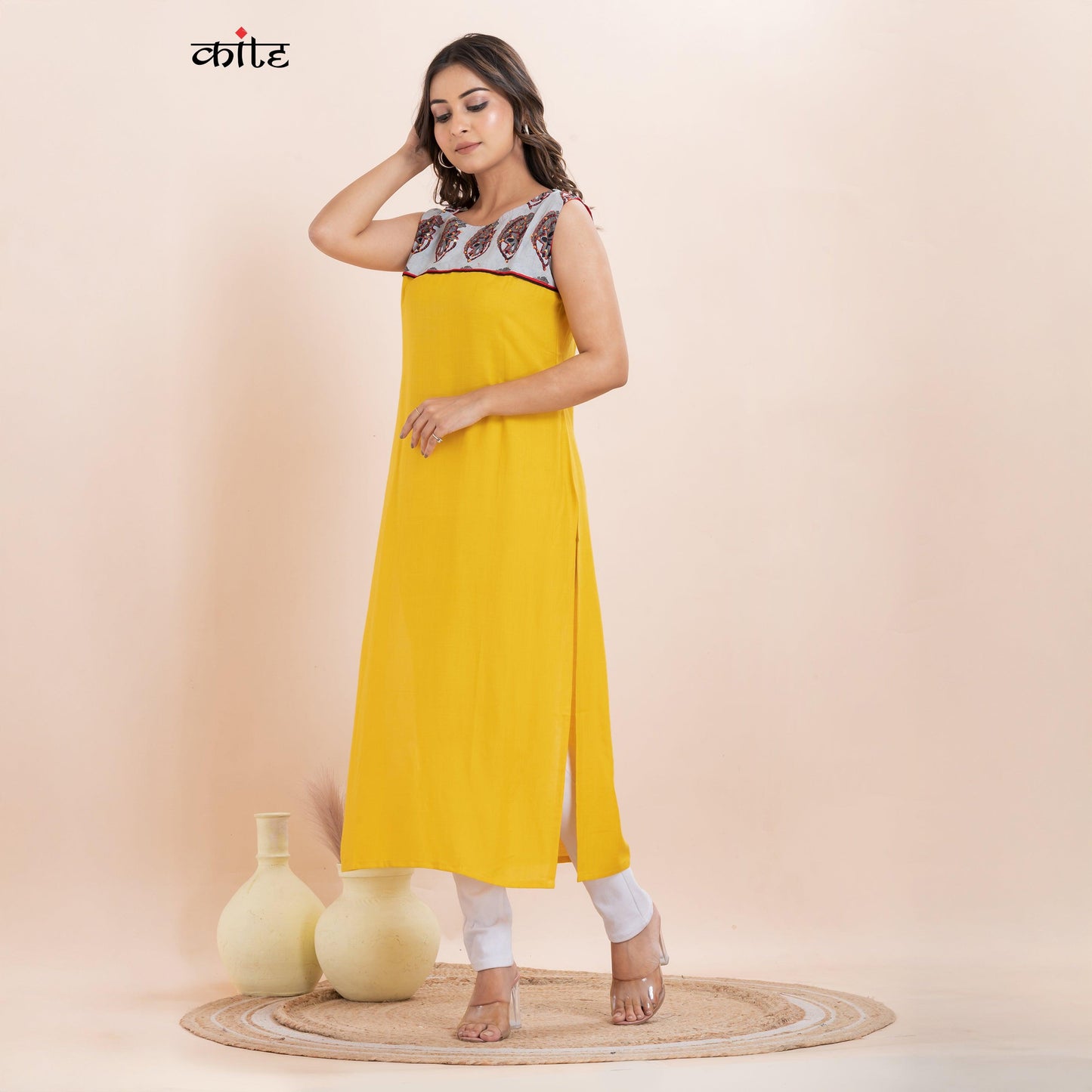 Yellow and Grey Cotton Sleeveless Kurti