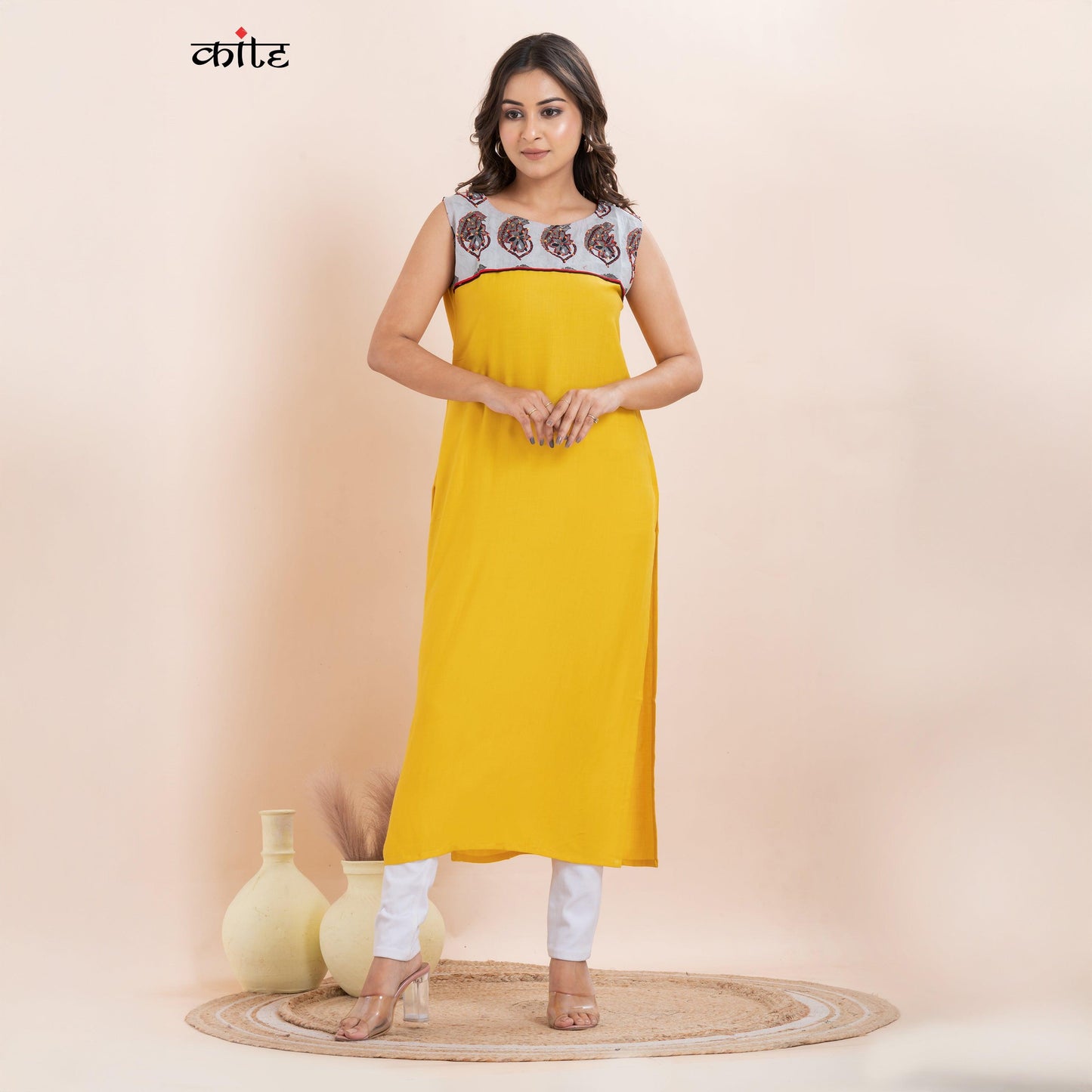 Yellow and Grey Cotton Sleeveless Kurti