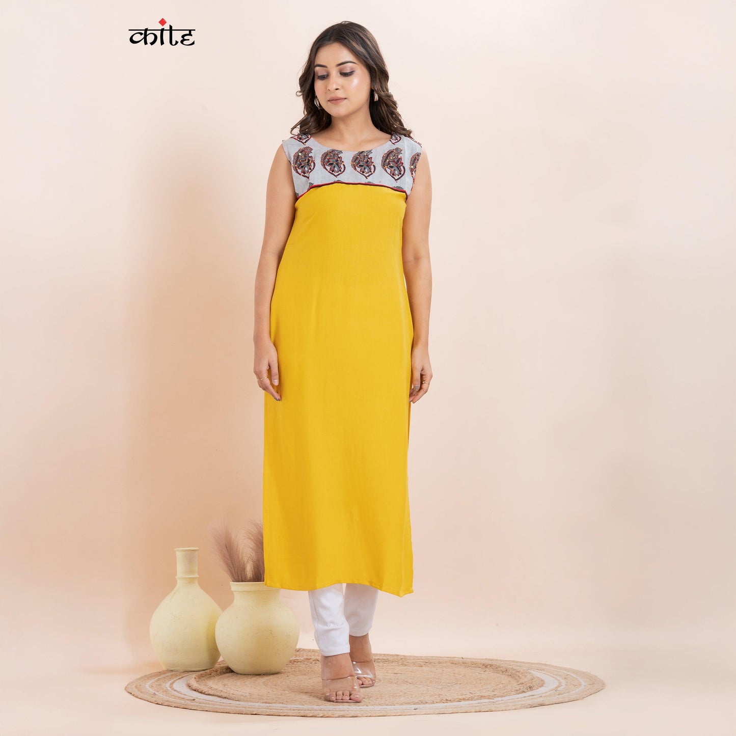 Yellow and Grey Cotton Sleeveless Kurti