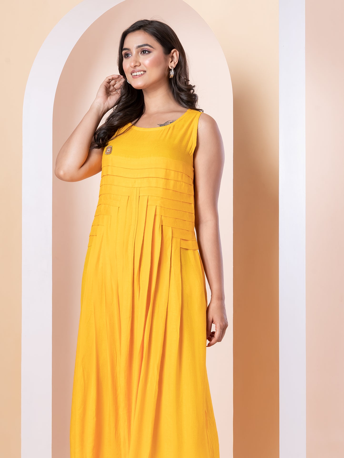 Kite Styles Sleeveless Flared Kurti Dress with Brooch