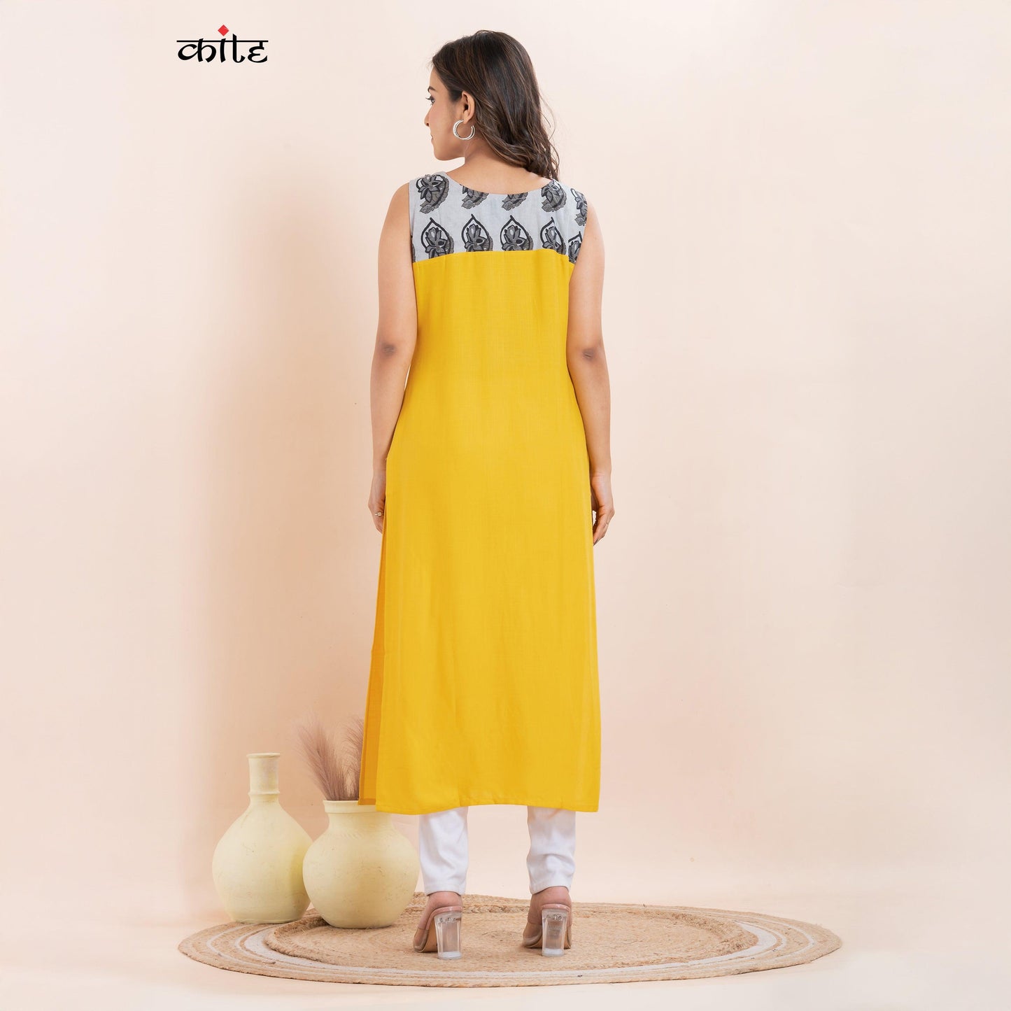 Yellow and Grey Cotton Sleeveless Kurti
