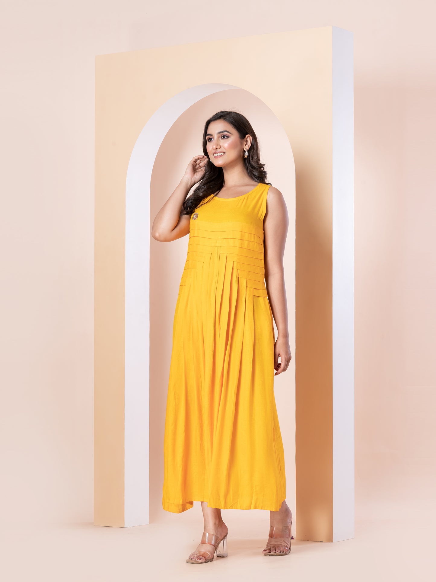 Kite Styles Sleeveless Flared Kurti Dress with Brooch
