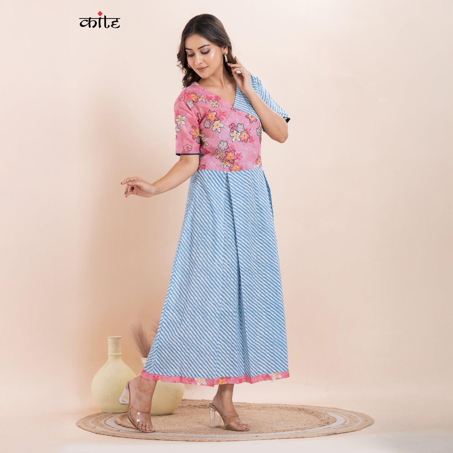 Cotton Pink Blue leheriya Dress