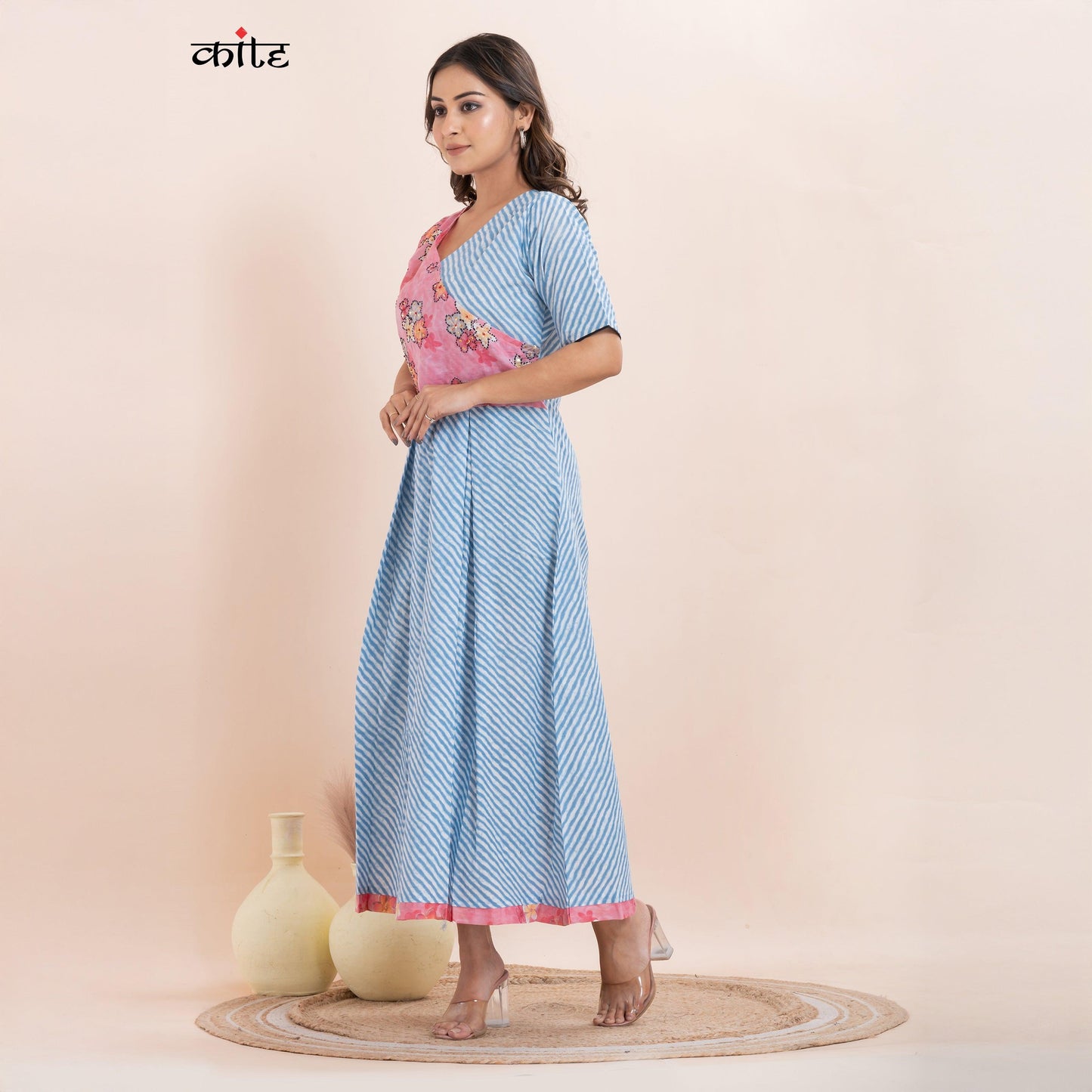 Cotton Pink Blue leheriya Dress