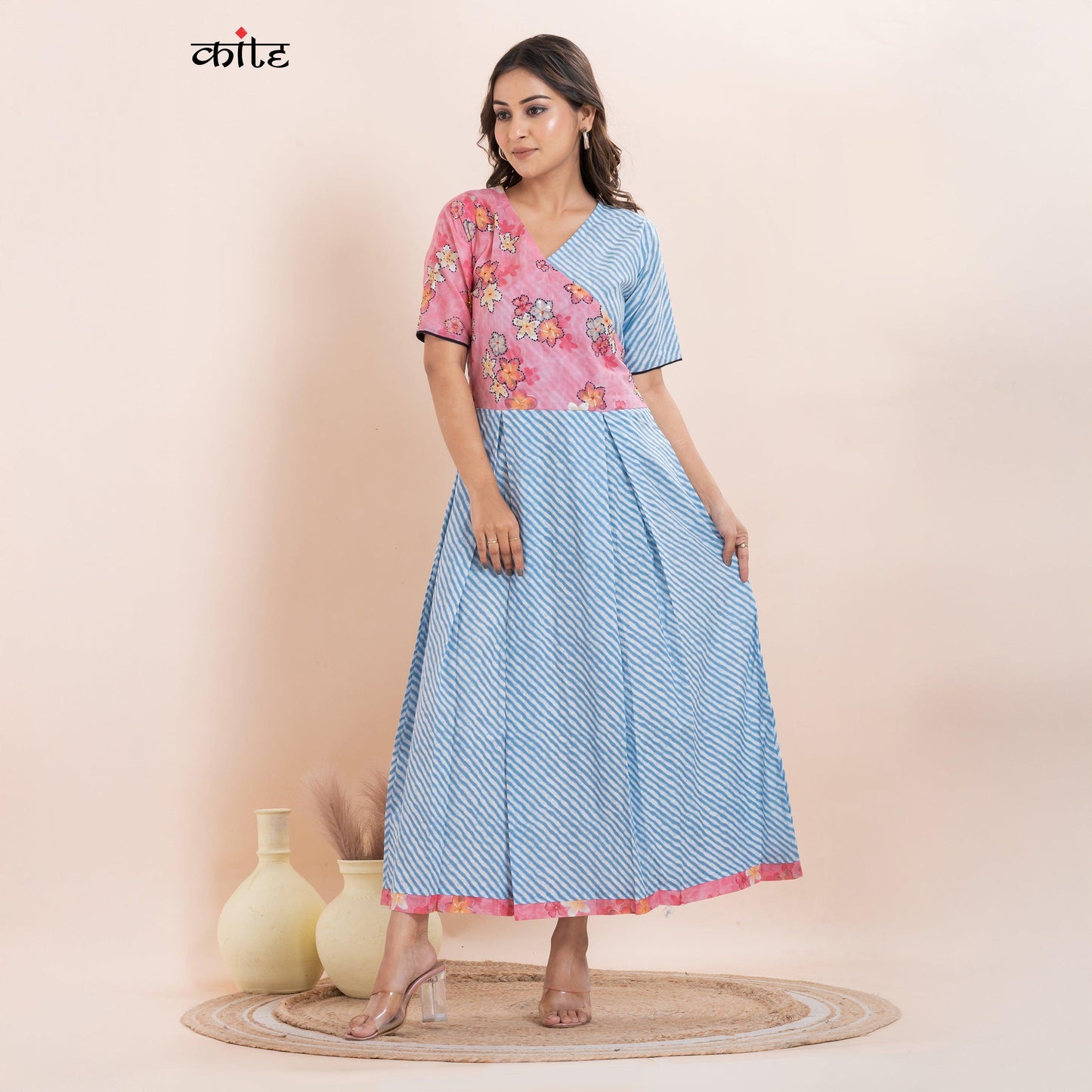 Cotton Pink Blue leheriya Dress