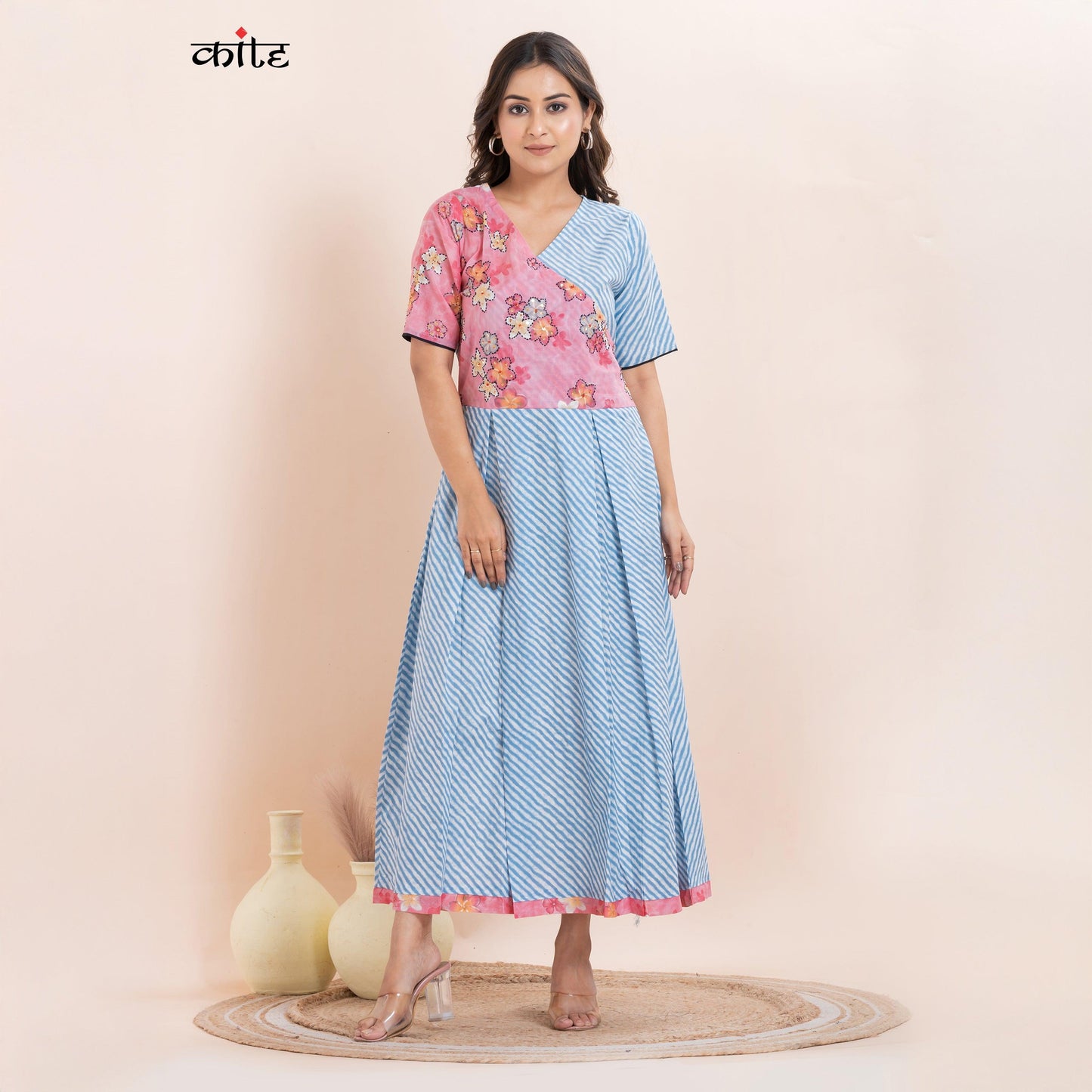 Cotton Pink Blue leheriya Dress