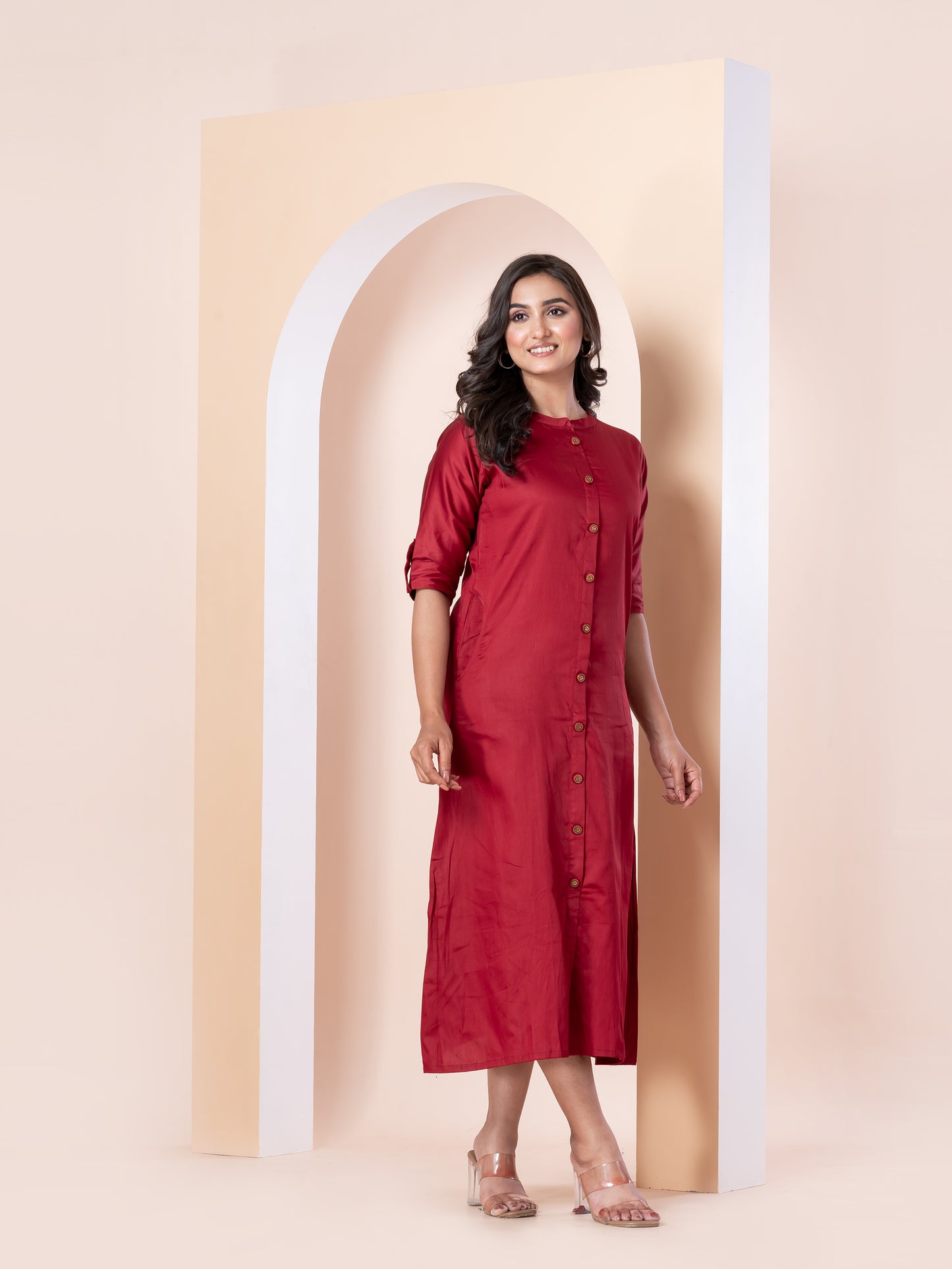 Kite Styles Maroon Cotton Silk Kurti Dress with Pockets