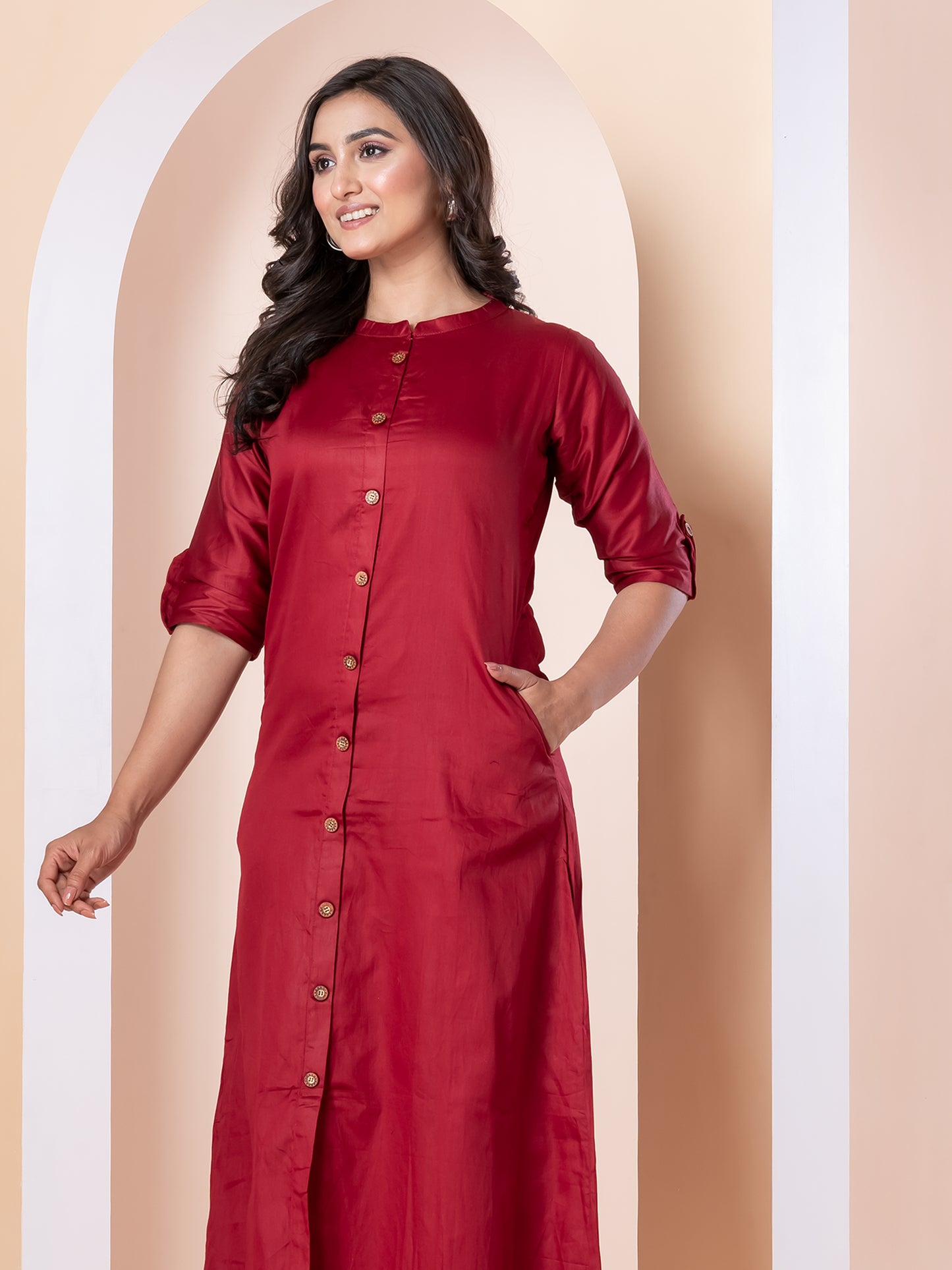 Kite Styles Maroon Cotton Silk Kurti Dress with Pockets