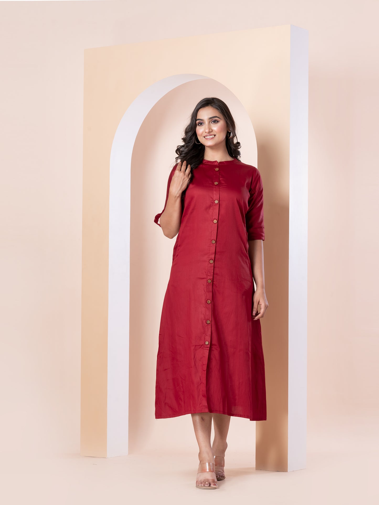 Kite Styles Maroon Cotton Silk Kurti Dress with Pockets