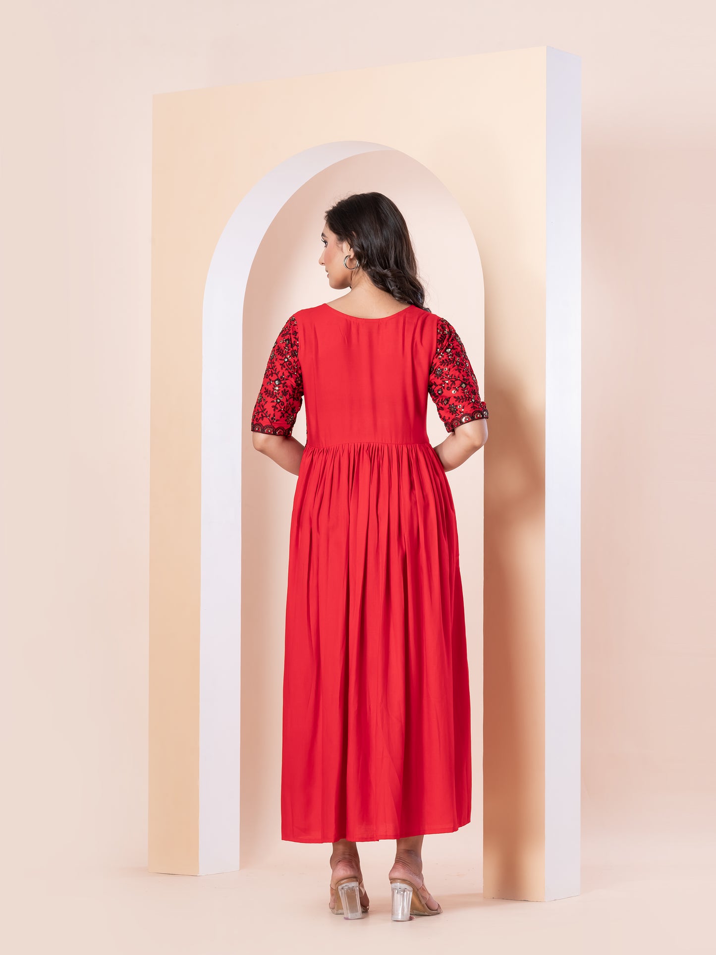 Kite Styles Embroidered Red Flared Dress