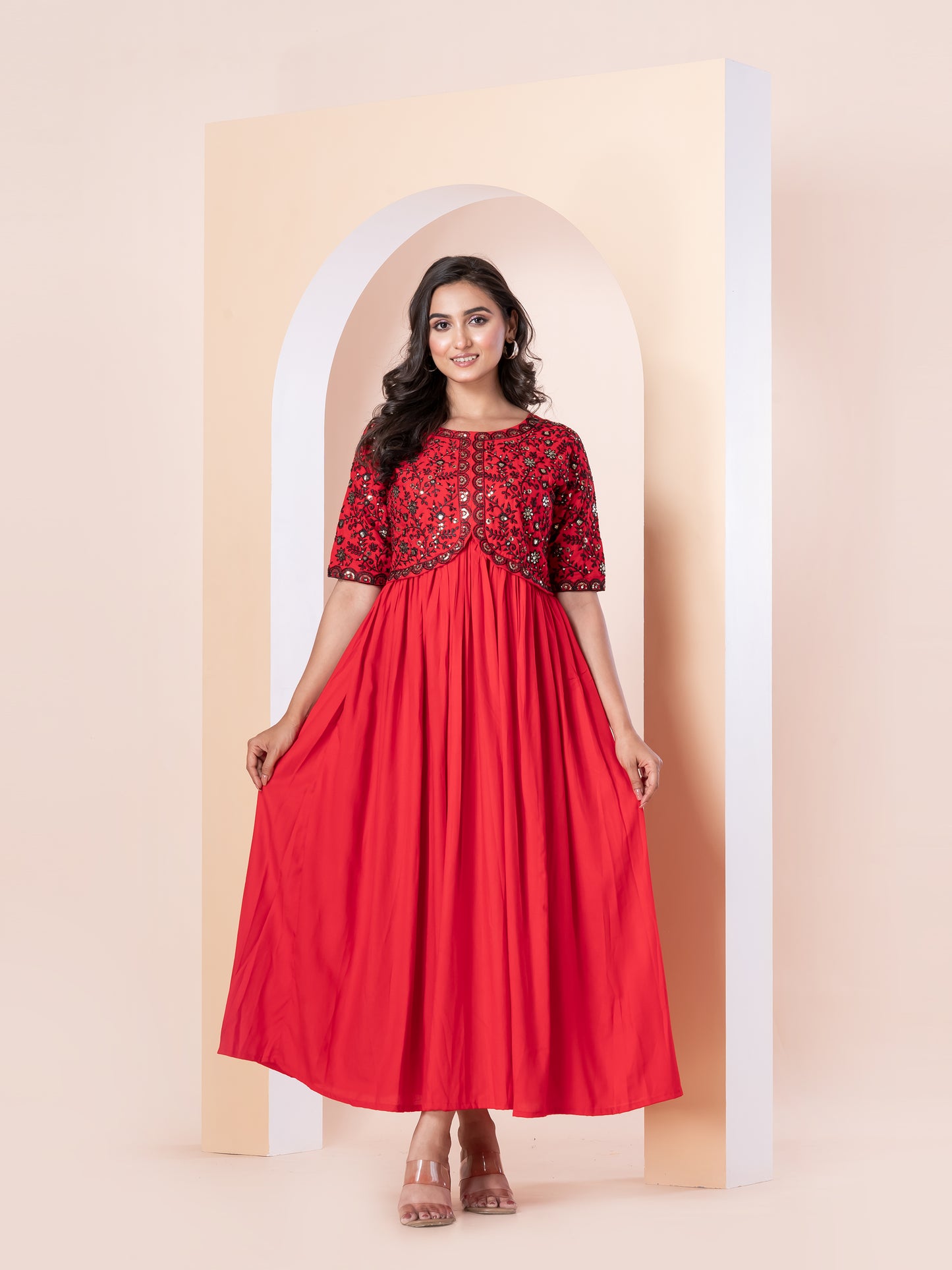 Kite Styles Embroidered Red Flared Dress