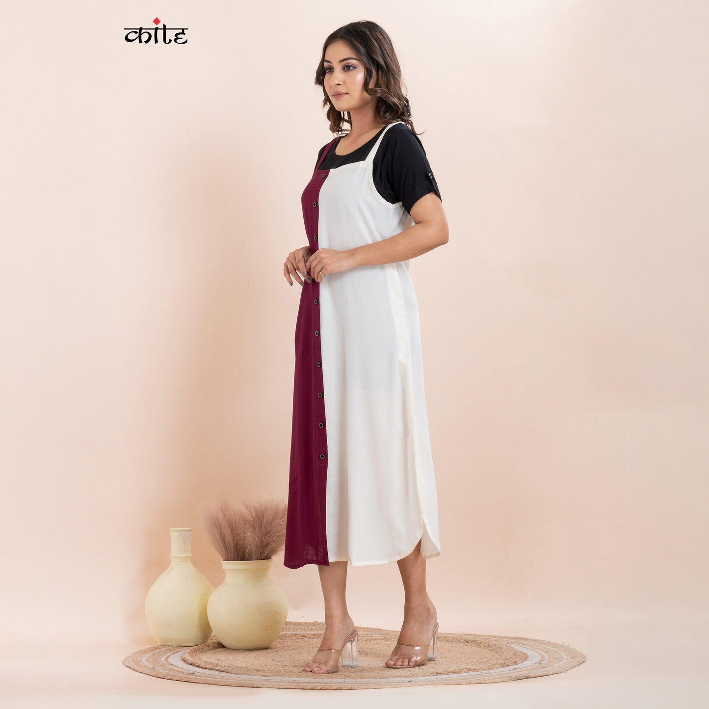 Rayon Western Maroon and White Short-Sleeve Dress
