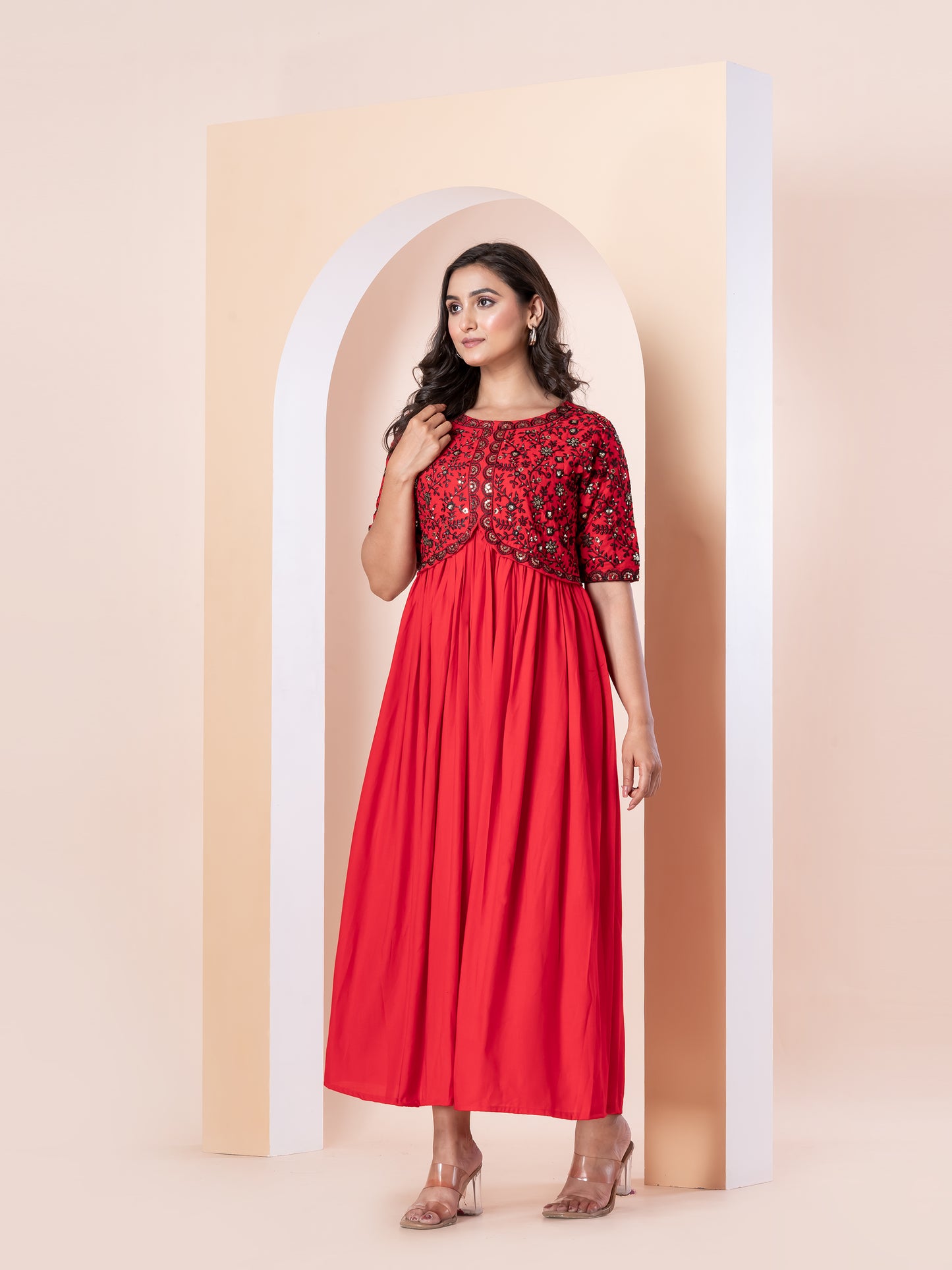 Kite Styles Embroidered Red Flared Dress
