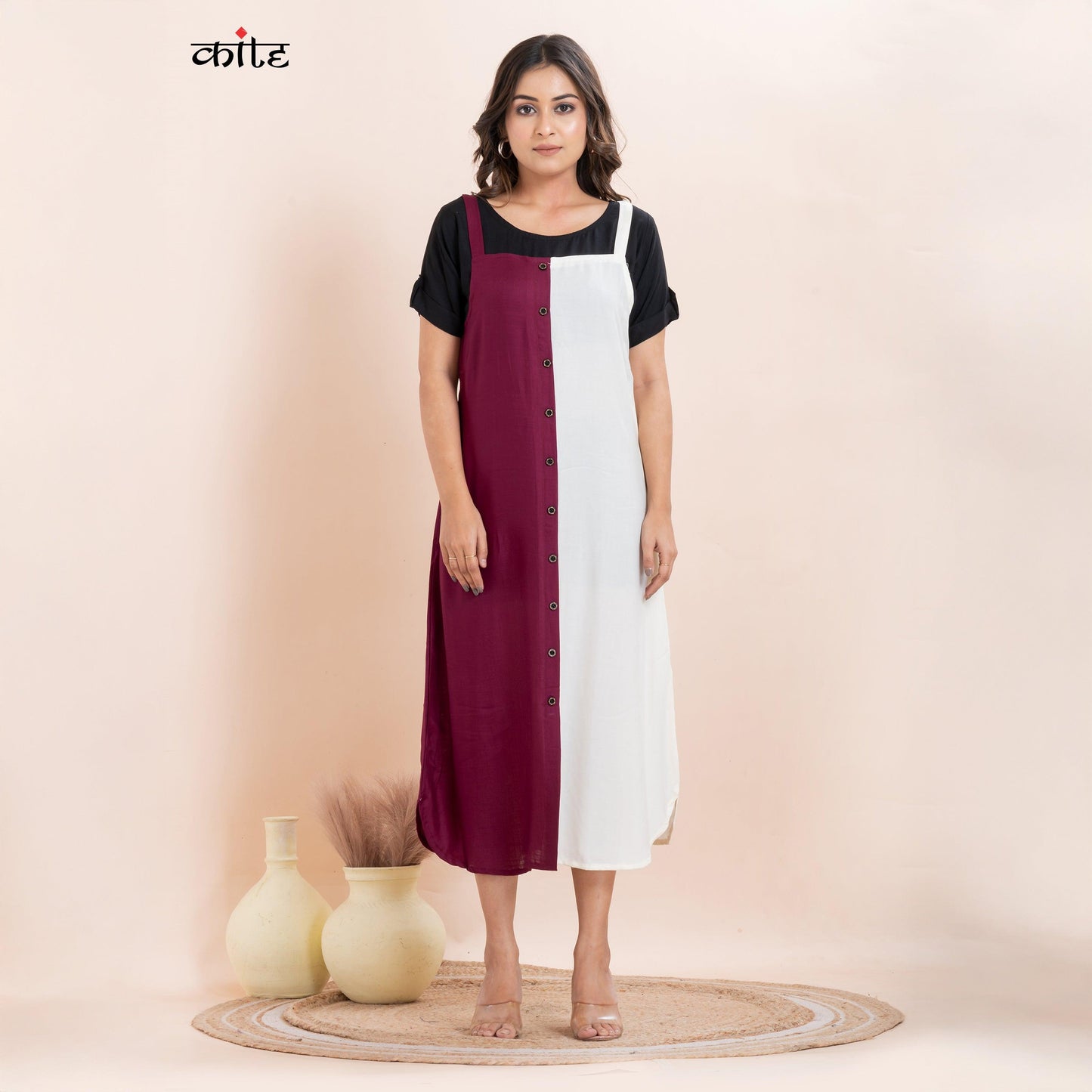 Rayon Western Maroon and White Short-Sleeve Dress