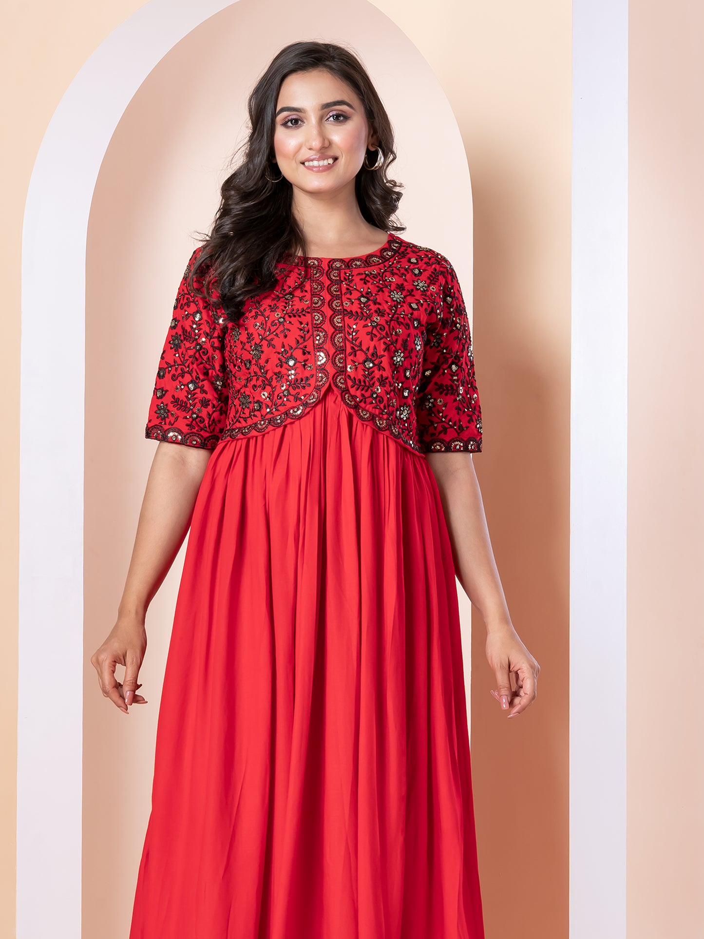 Kite Styles Embroidered Red Flared Dress