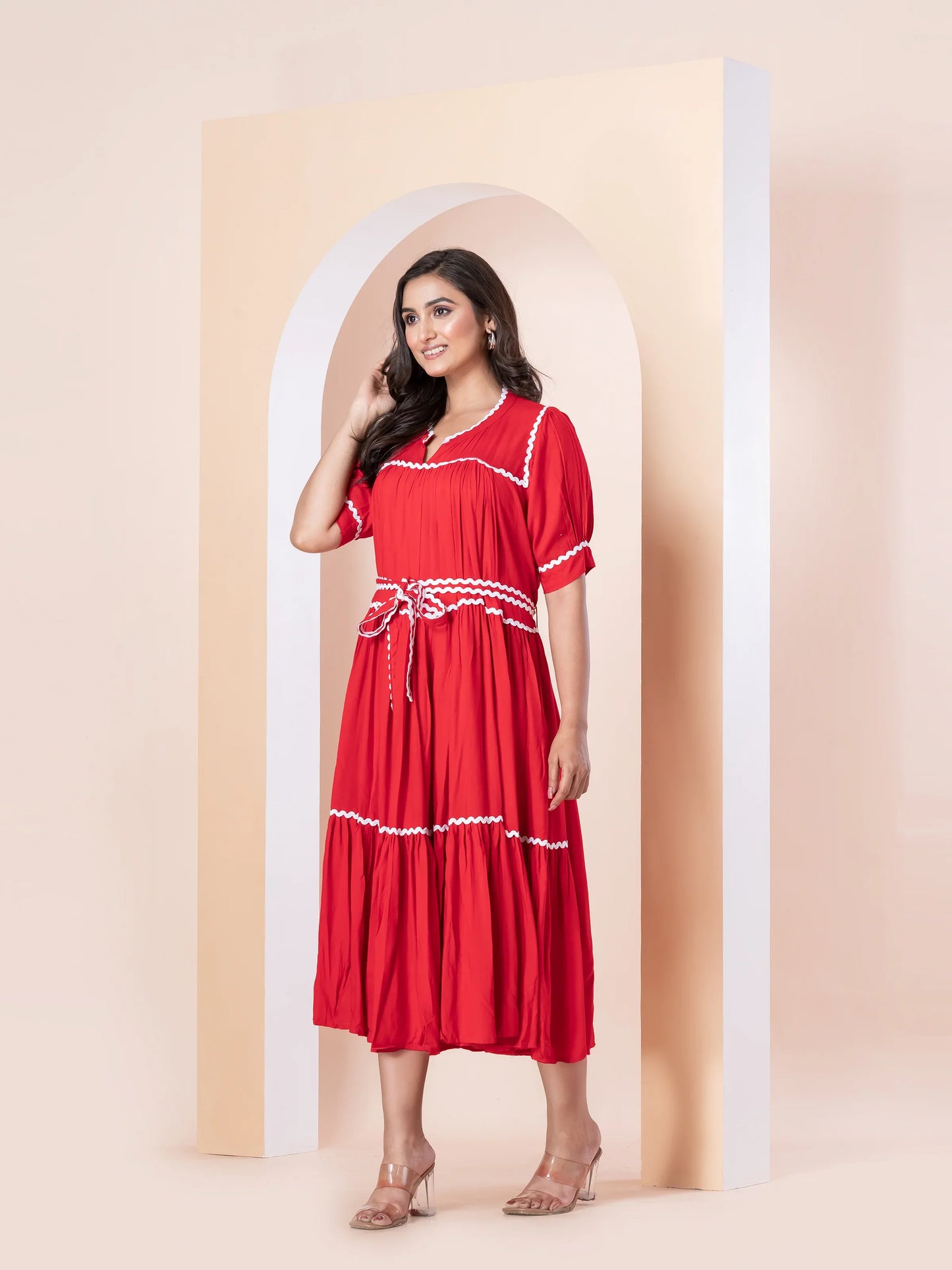 Red Rayon Dress with White Trim
