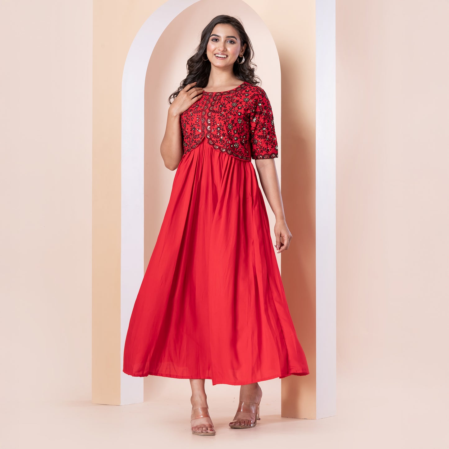 Kite Styles Embroidered Red Flared Dress