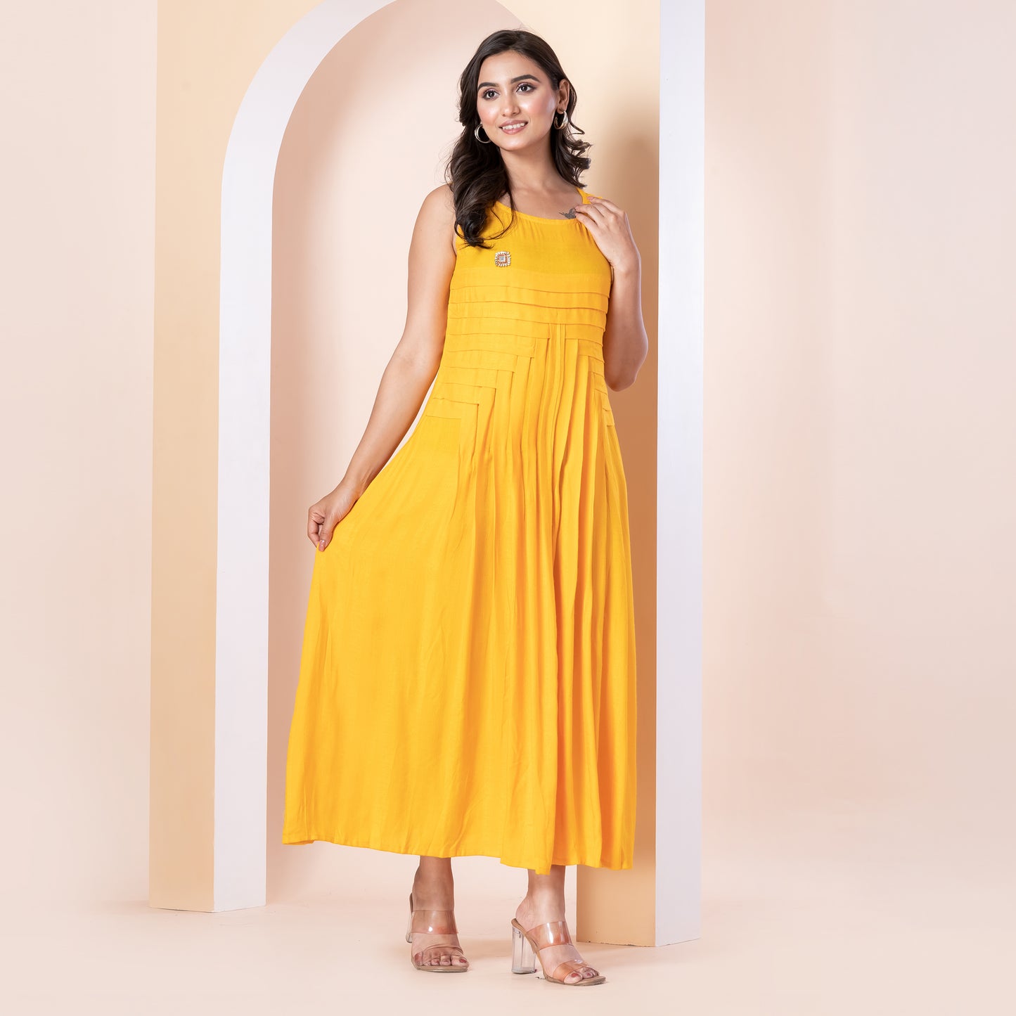 Kite Styles Sleeveless Flared Kurti Dress with Brooch