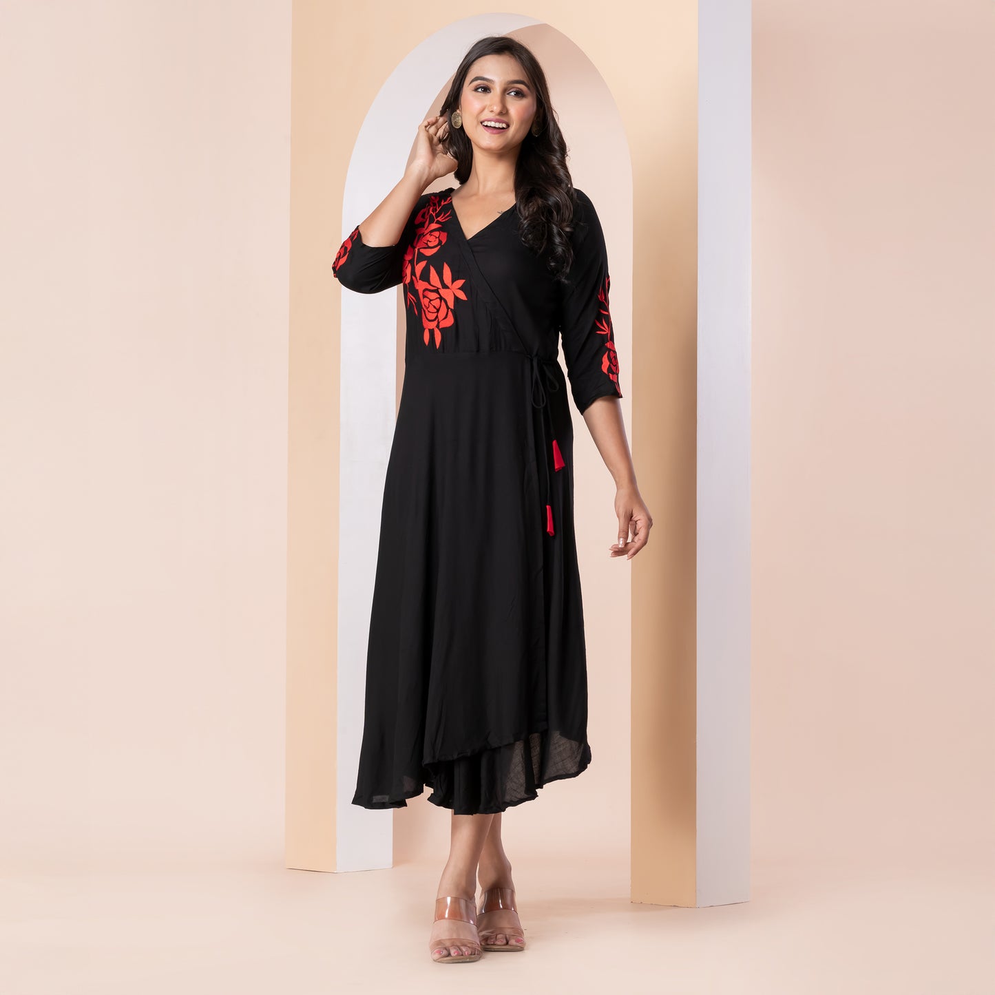 Kite Styles Wrap-Style Dress with Red Embroidery
