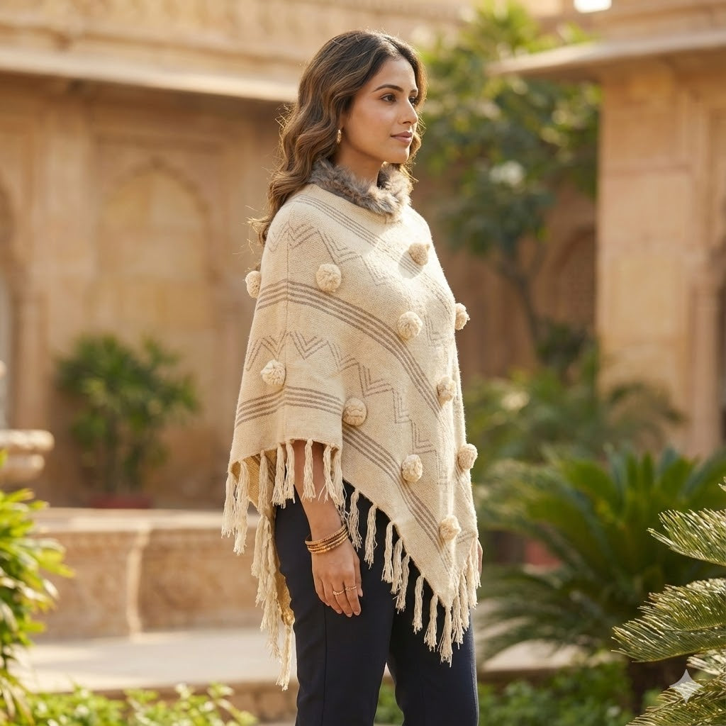 Free Size Beige Knitted Winter Poncho with Faux Fur Collar