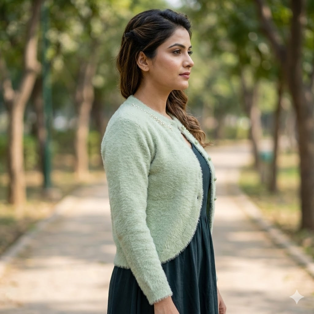 Sage Green Plush Jacket with Pearl & Butterfly Detail