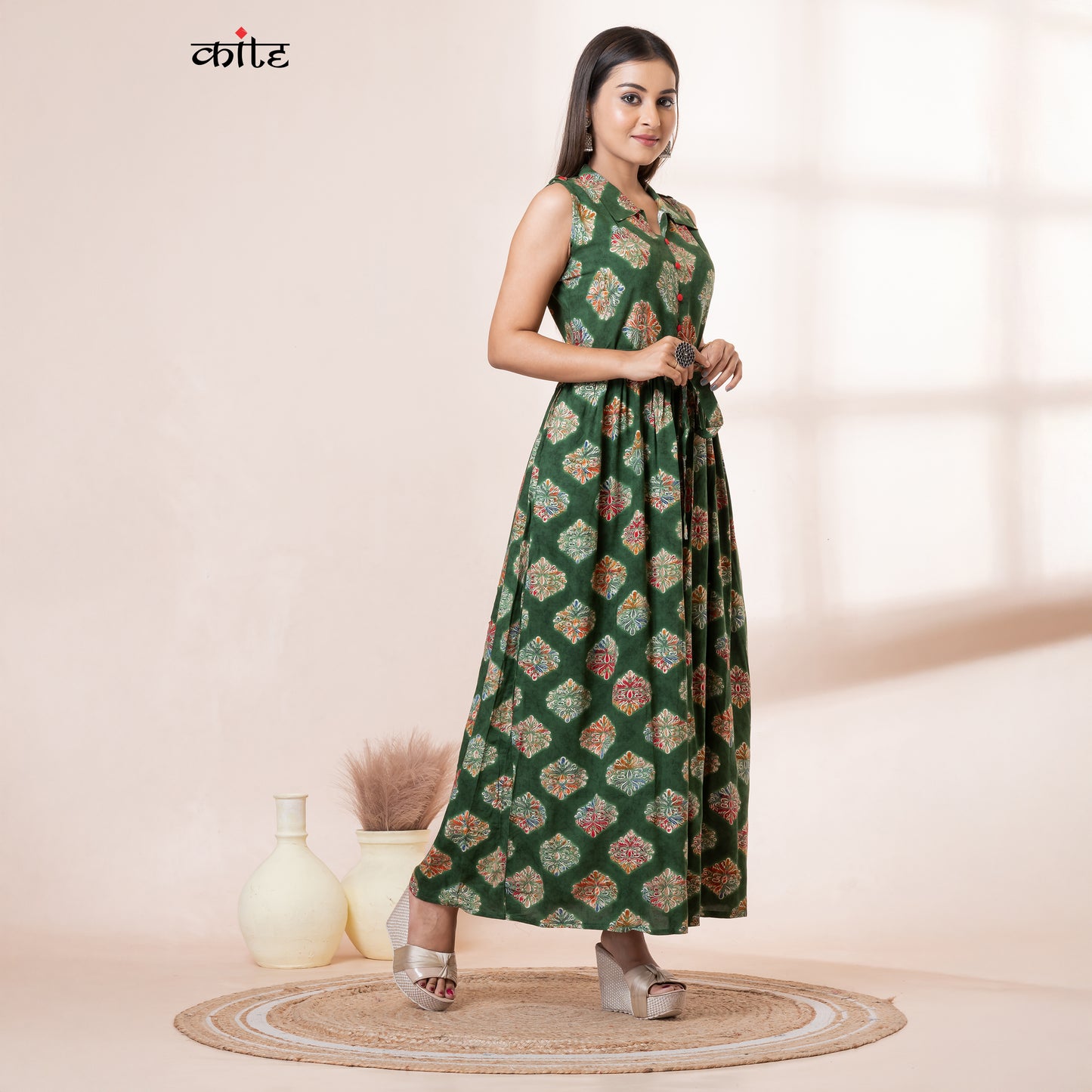 Kite Styles Green Rayon Maxi Gown with Shirt Collar