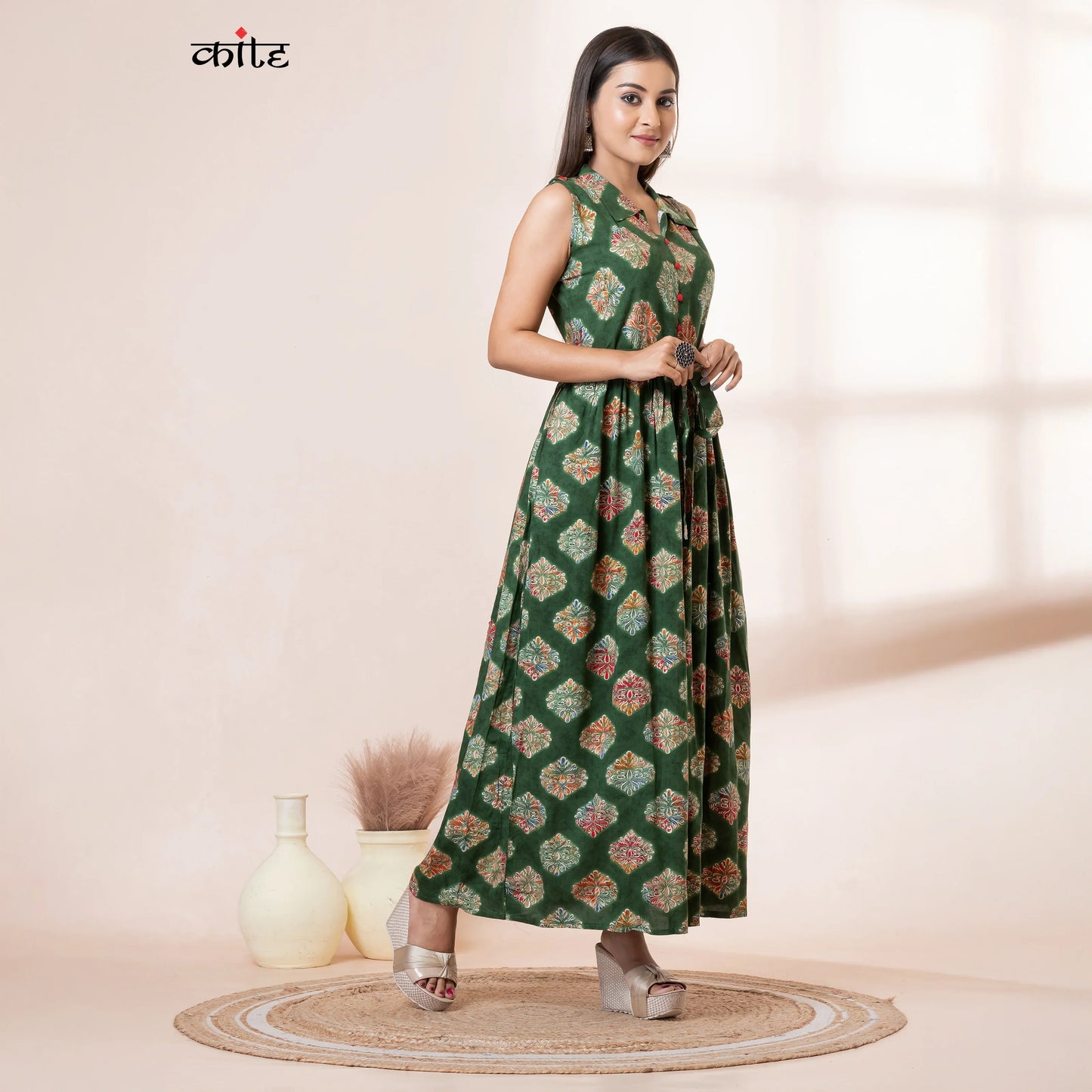 Kite Styles Green Rayon Maxi Gown with Shirt Collar