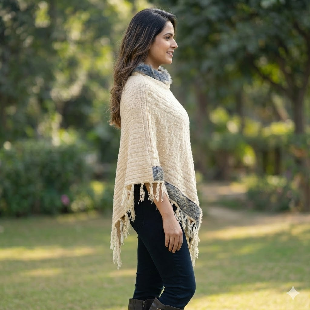 Luxe Cream White Knitted Poncho with Faux Fur & Tassels