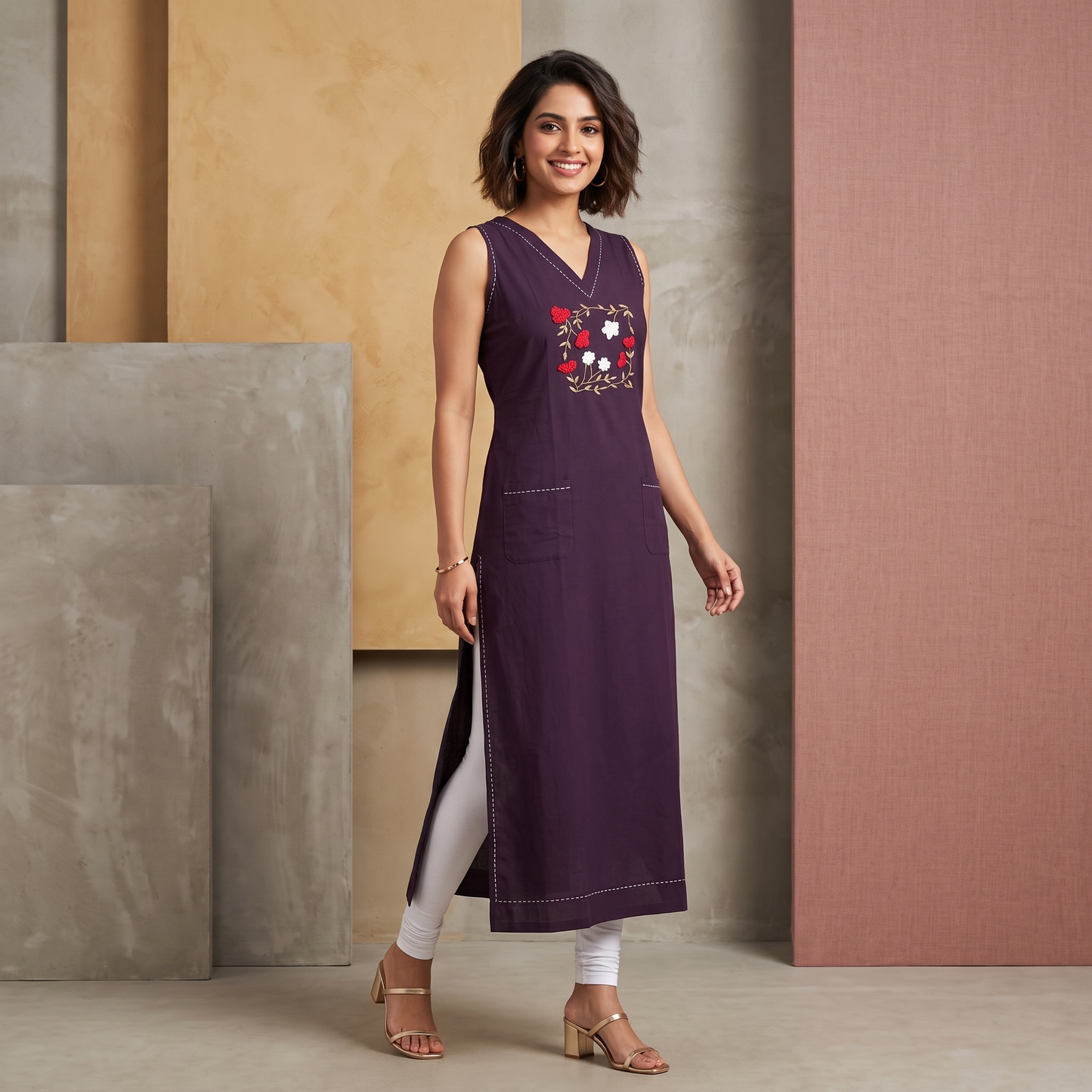 Wine Bloom Hand Embroidered Kurta